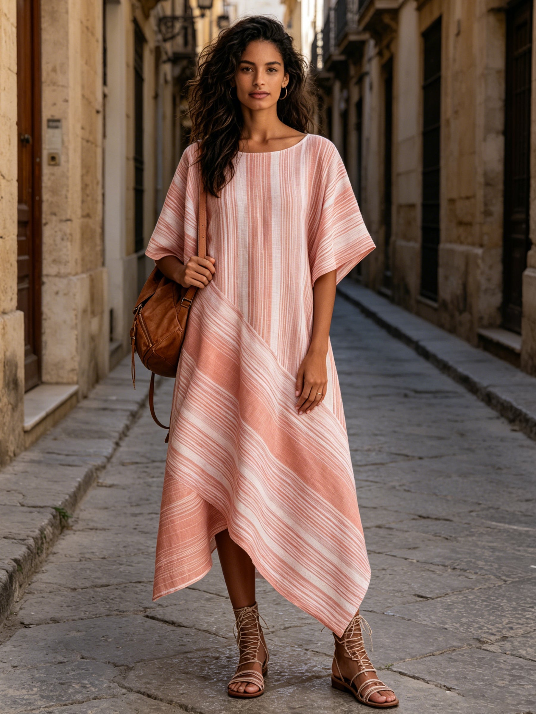 Pink Asymmetric Stripe Midi Dress – Loose Fit Art-Inspired Summer Tunic Dress For Women