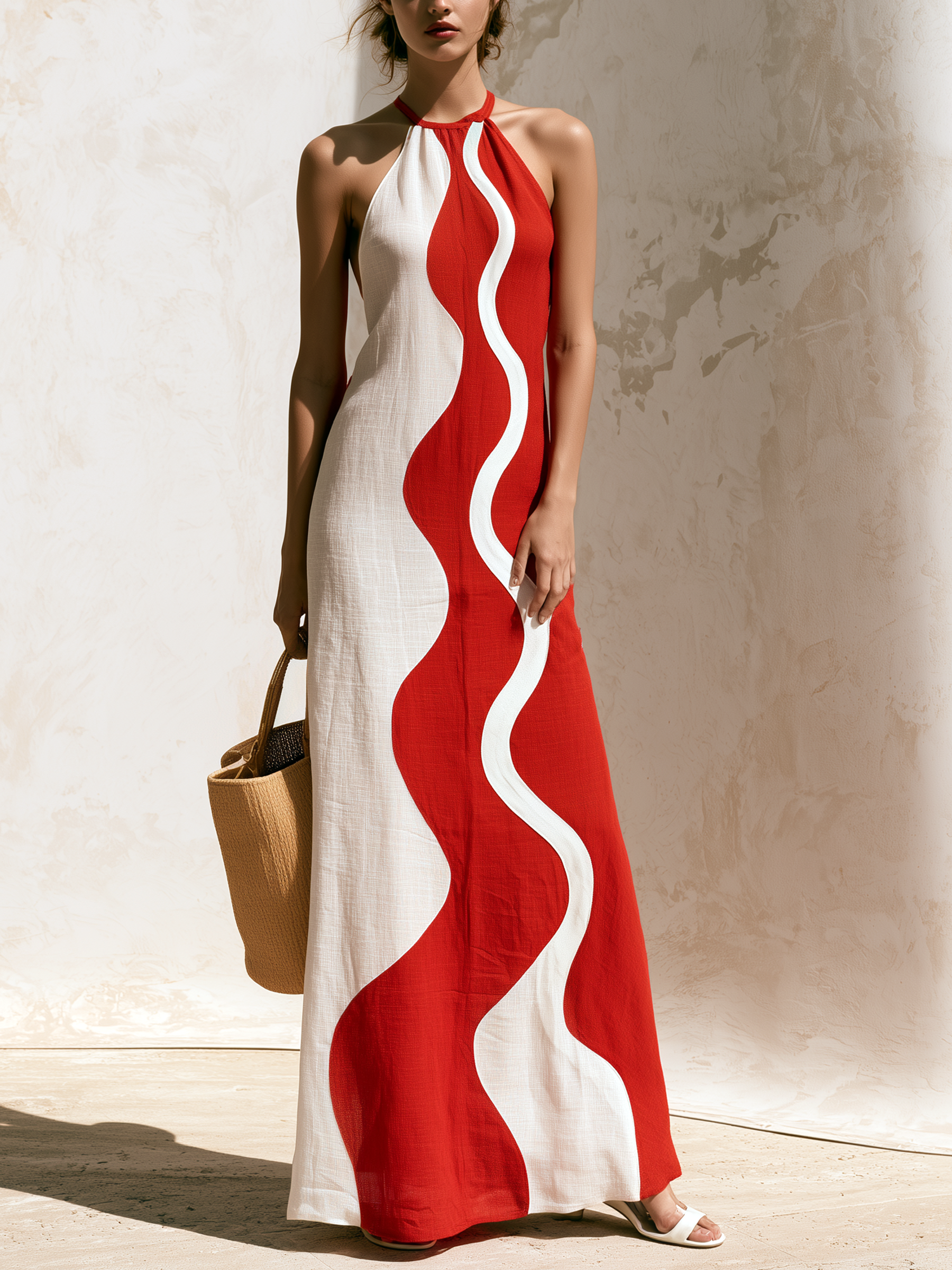 Red & White Wavy Halter Open Back Linen Maxi Dress