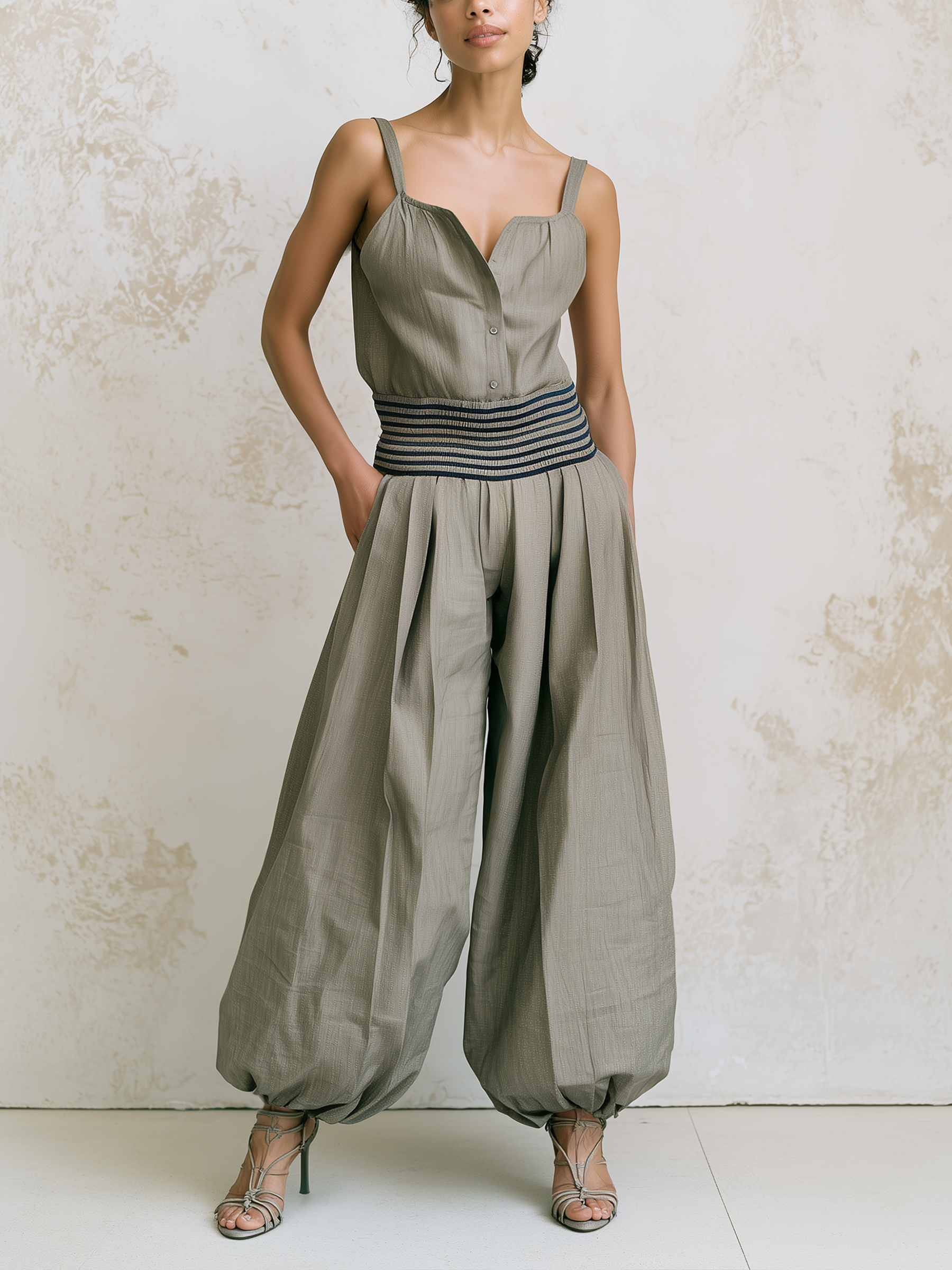 Grey Spaghetti Strap Button Front Jumpsuit, Striped Smocked Waist Balloon Harem Wide Leg