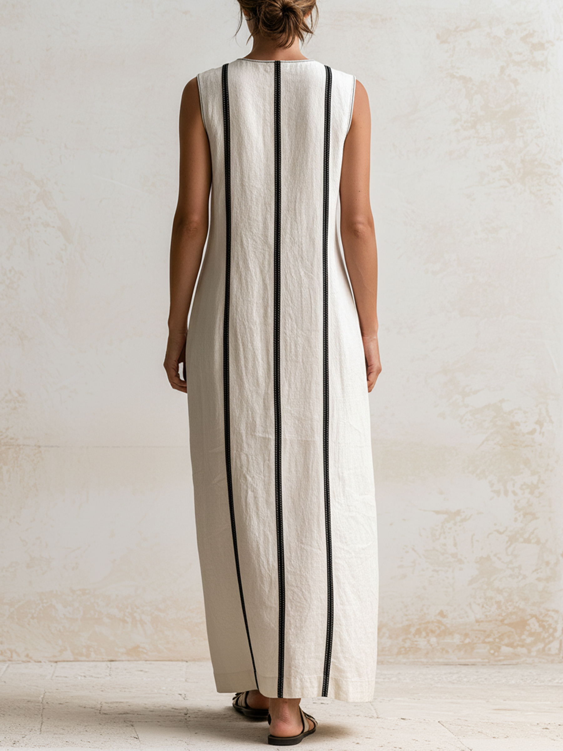 Vertical Contrast Stripe Sleeveless Lapel Linen Midi Shift Dress