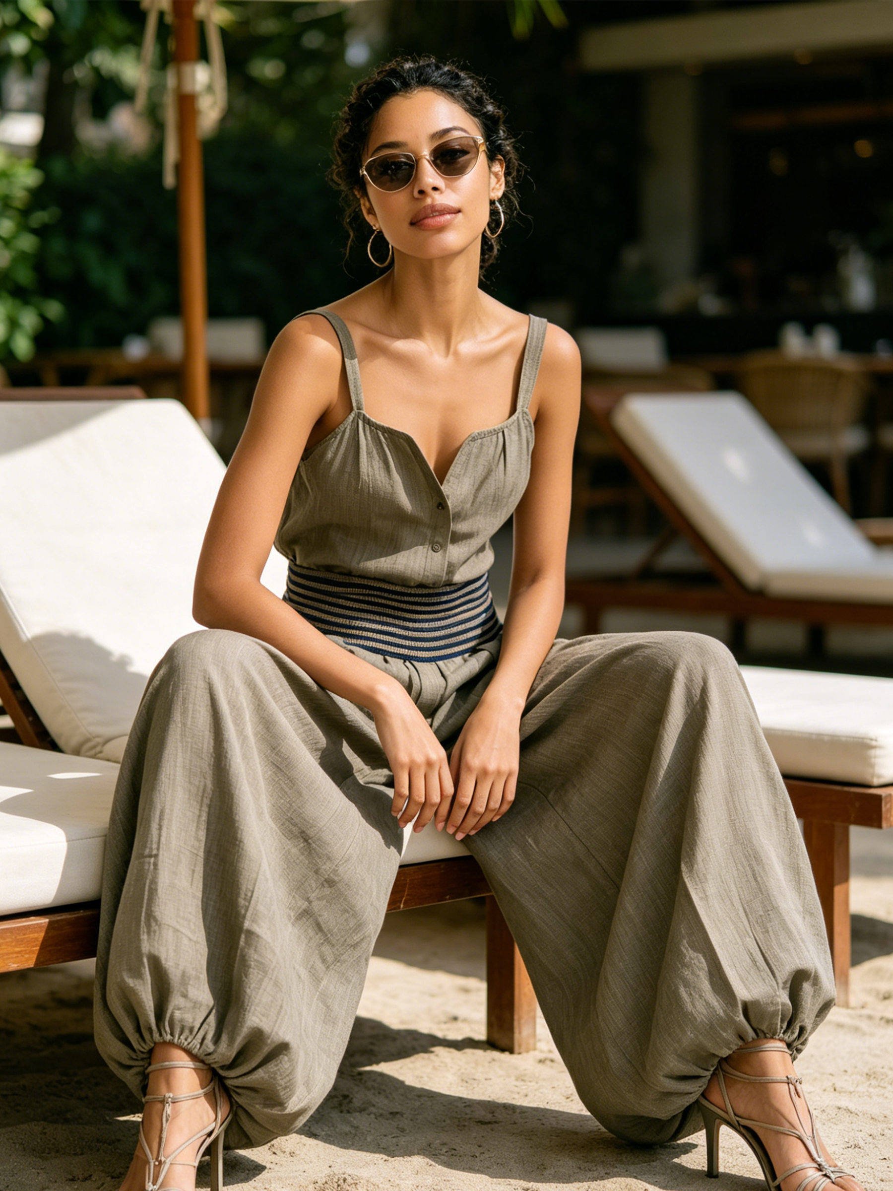 Grey Spaghetti Strap Button Front Jumpsuit, Striped Smocked Waist Balloon Harem Wide Leg