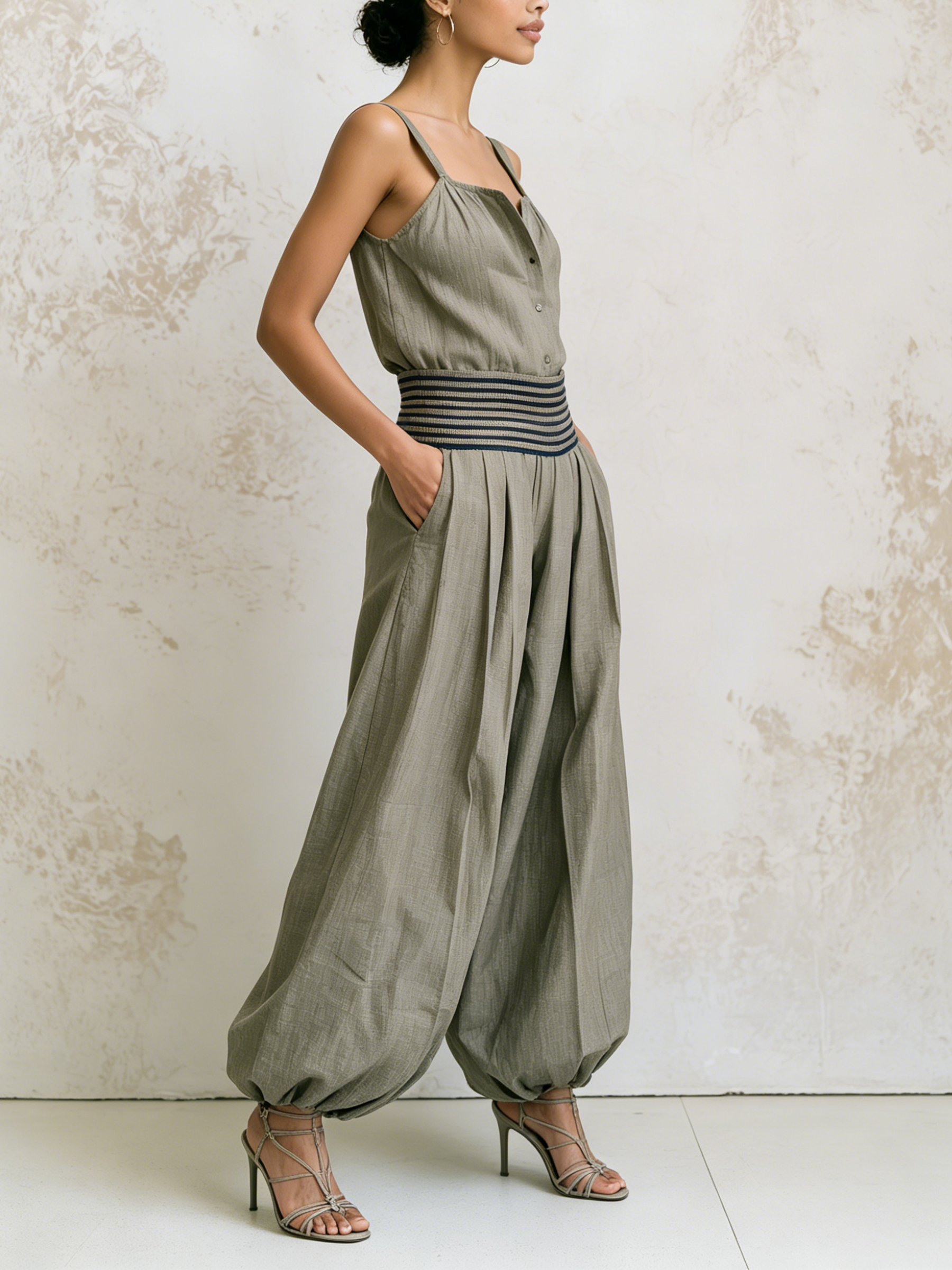 Grey Spaghetti Strap Button Front Jumpsuit, Striped Smocked Waist Balloon Harem Wide Leg