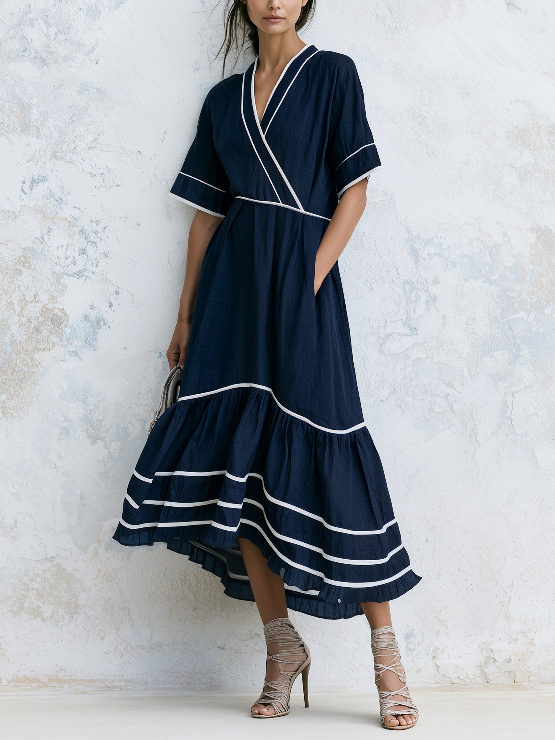 Elegant Summer Flow Dress – Navy Midi Dress With White Line Detail