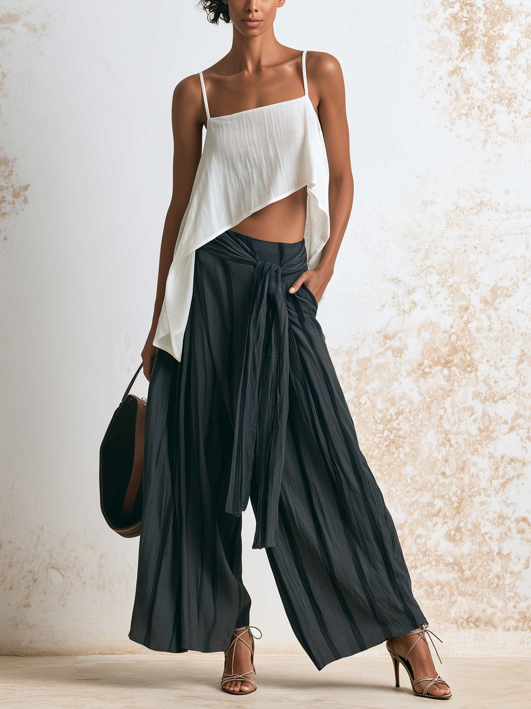 Asymmetrical White Cami & Striped Wrap Wide Leg Pants Two Piece Vacation Set