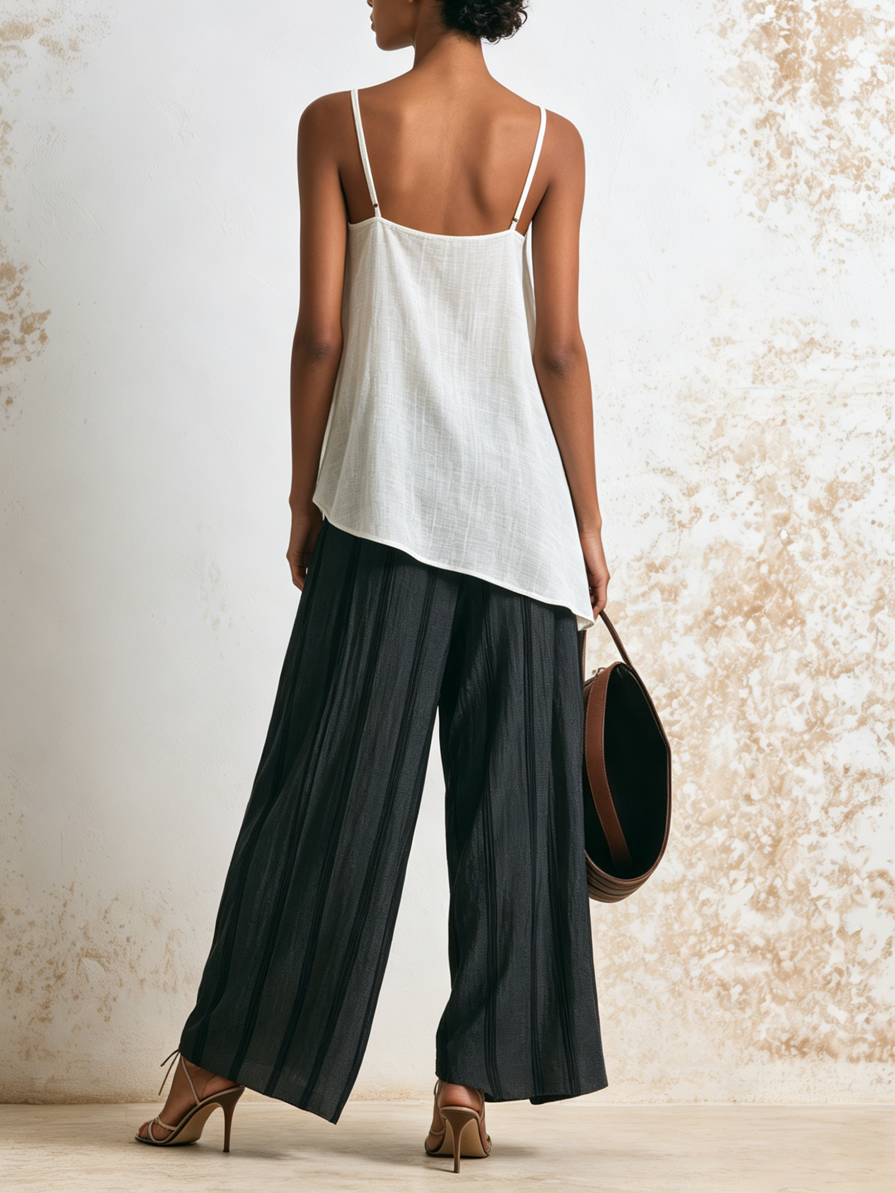 Asymmetrical White Cami & Striped Wrap Wide Leg Pants Two Piece Vacation Set