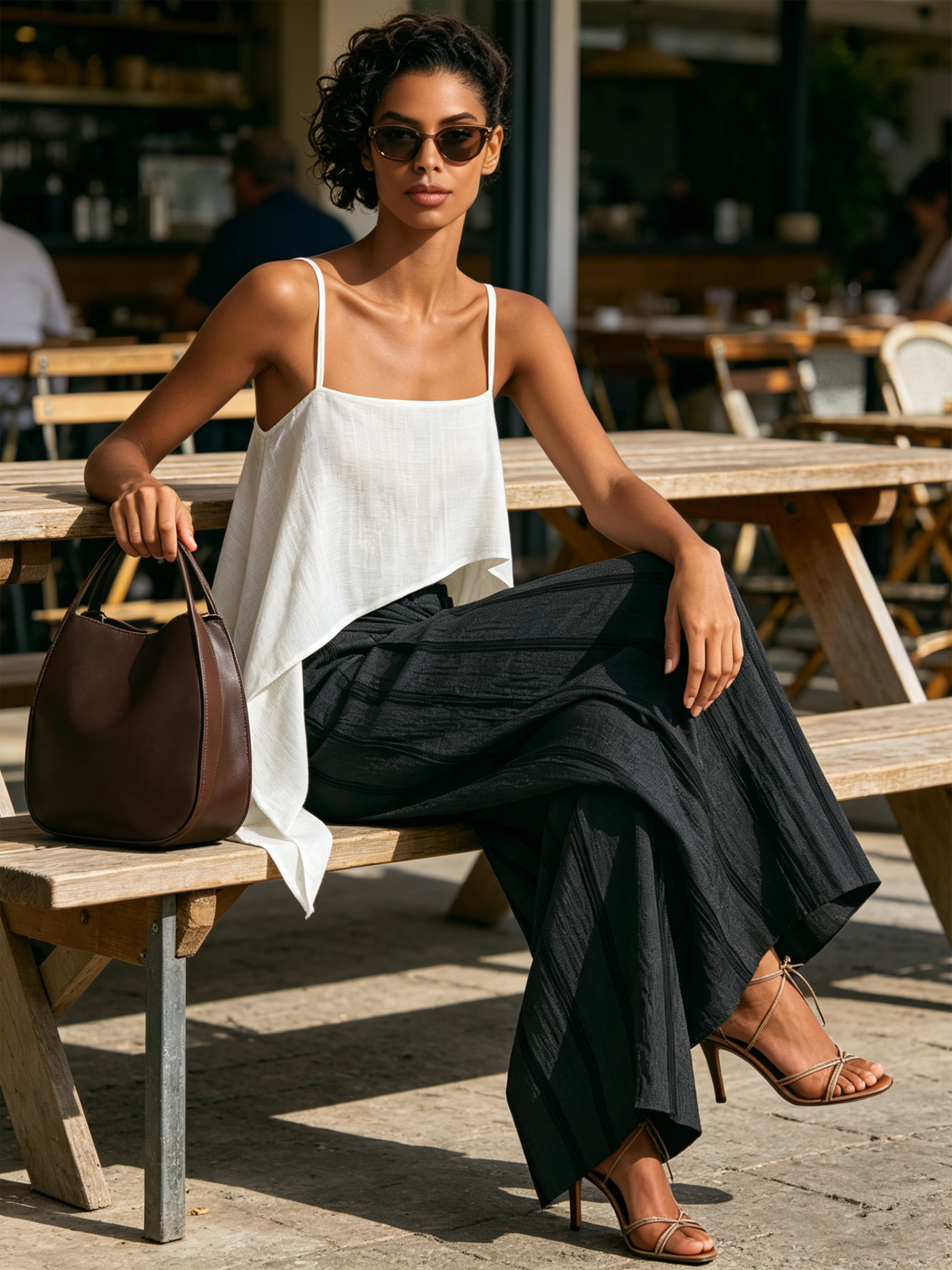 Asymmetrical White Cami & Striped Wrap Wide Leg Pants Two Piece Vacation Set