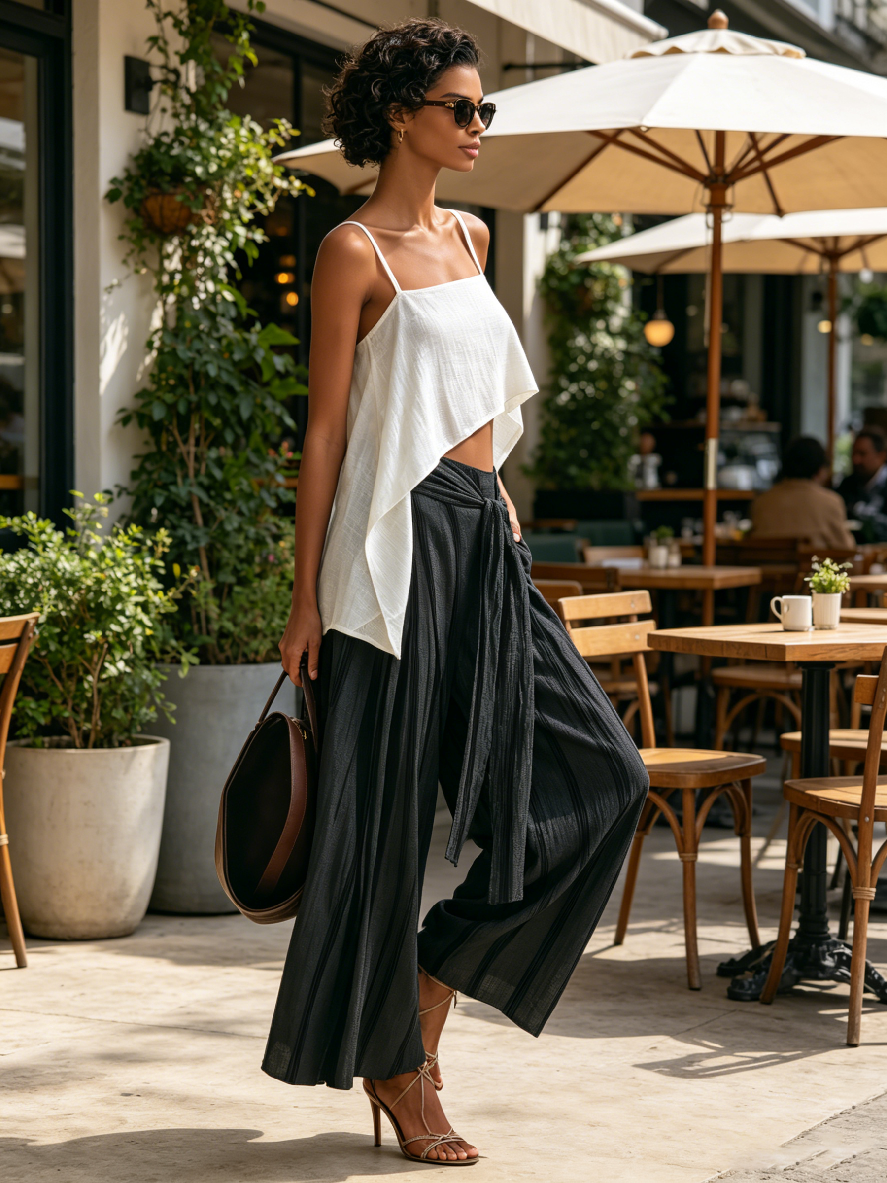 Asymmetrical White Cami & Striped Wrap Wide Leg Pants Two Piece Vacation Set