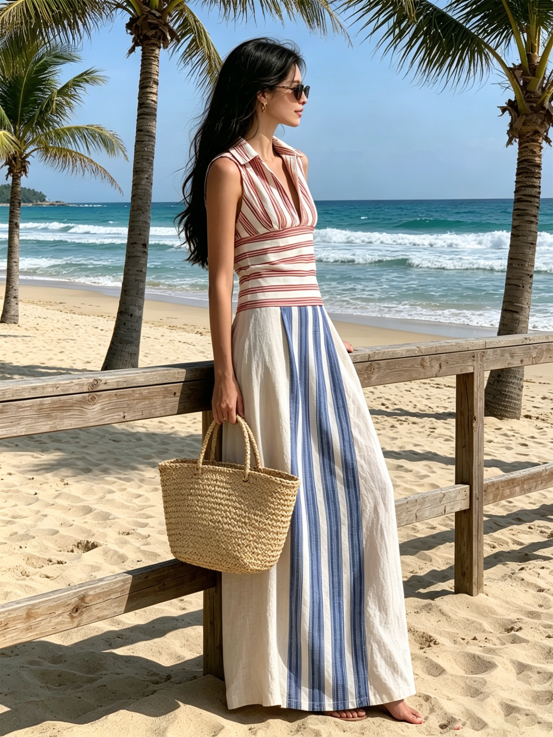 Red & Blue Color Block Stripe Sleeveless Linen Maxi Dress