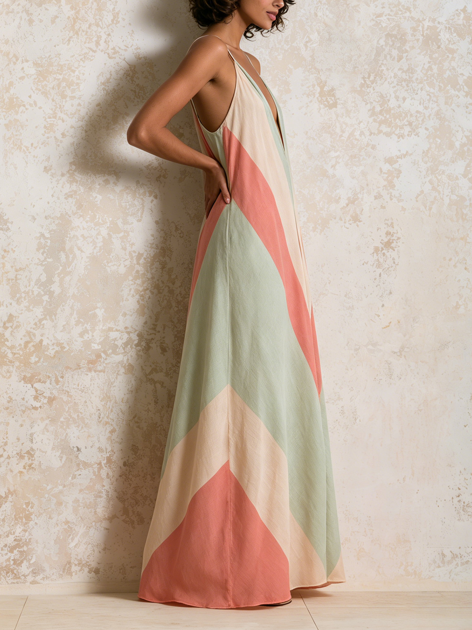 Pastel Chevron Color Block Spaghetti Strap Deep V Flowy Maxi Dress