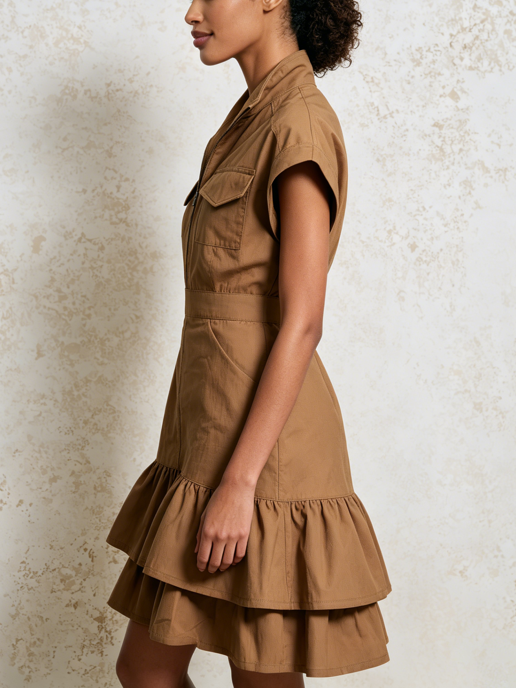 Zip Front Stand Collar Cap Sleeve Cargo Tiered Ruffle Mini Dress