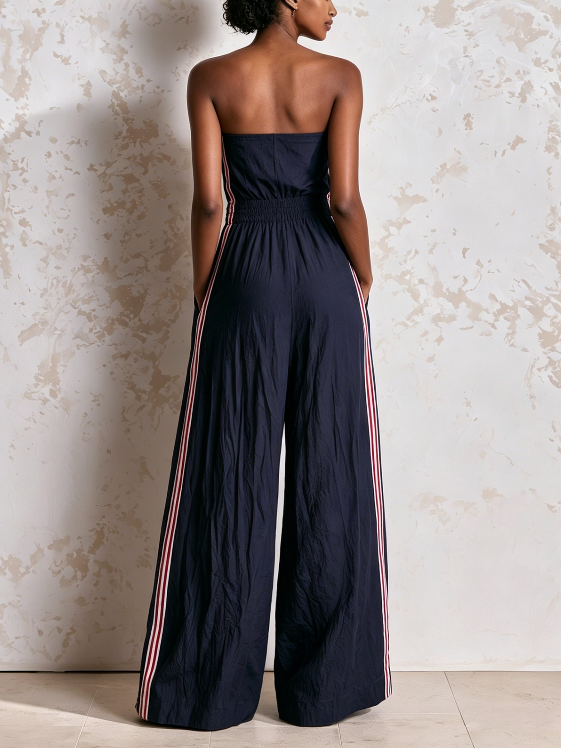 Strapless Tube Top Side Stripe Crinkled Wide-Leg Jumpsuit