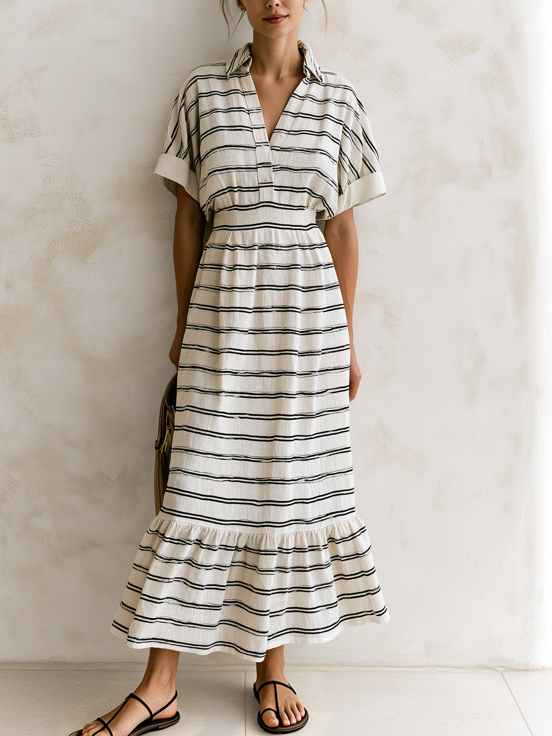 Black Striped Waisted Shirt Maxi Dress