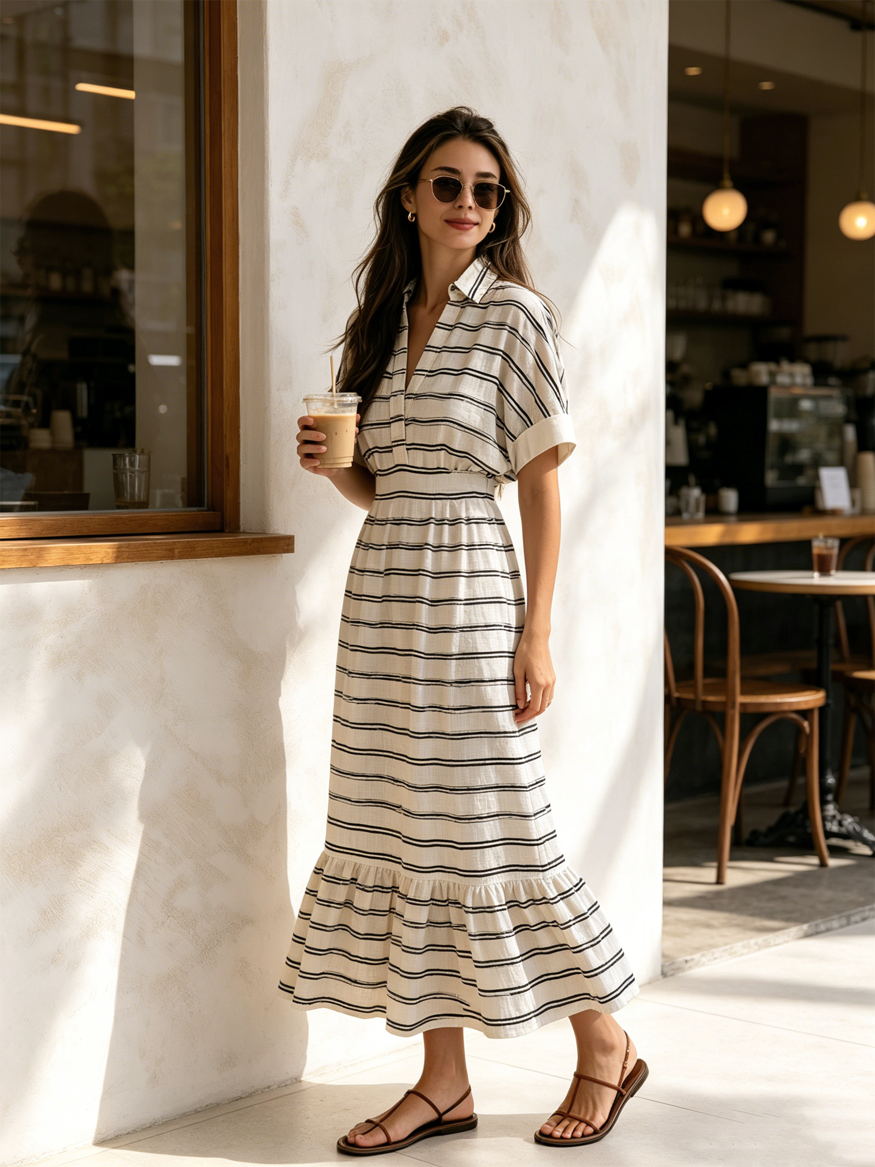 Black Striped Waisted Shirt Maxi Dress