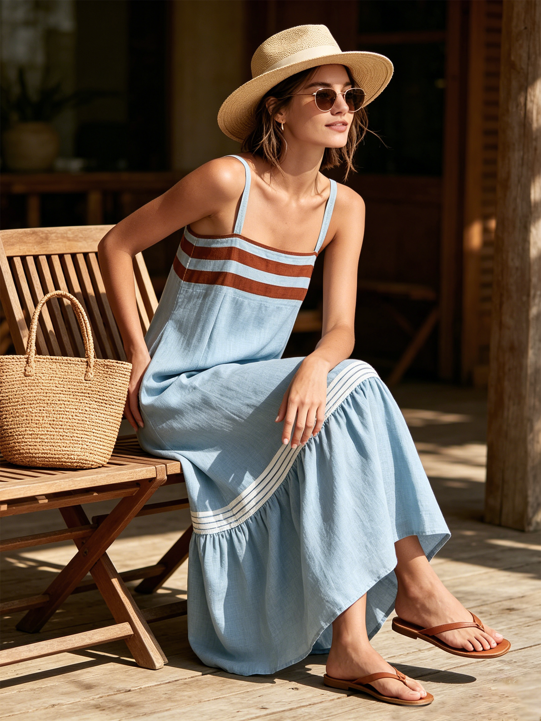 Light Blue Striped Spaghetti Strap Linen Maxi Dress