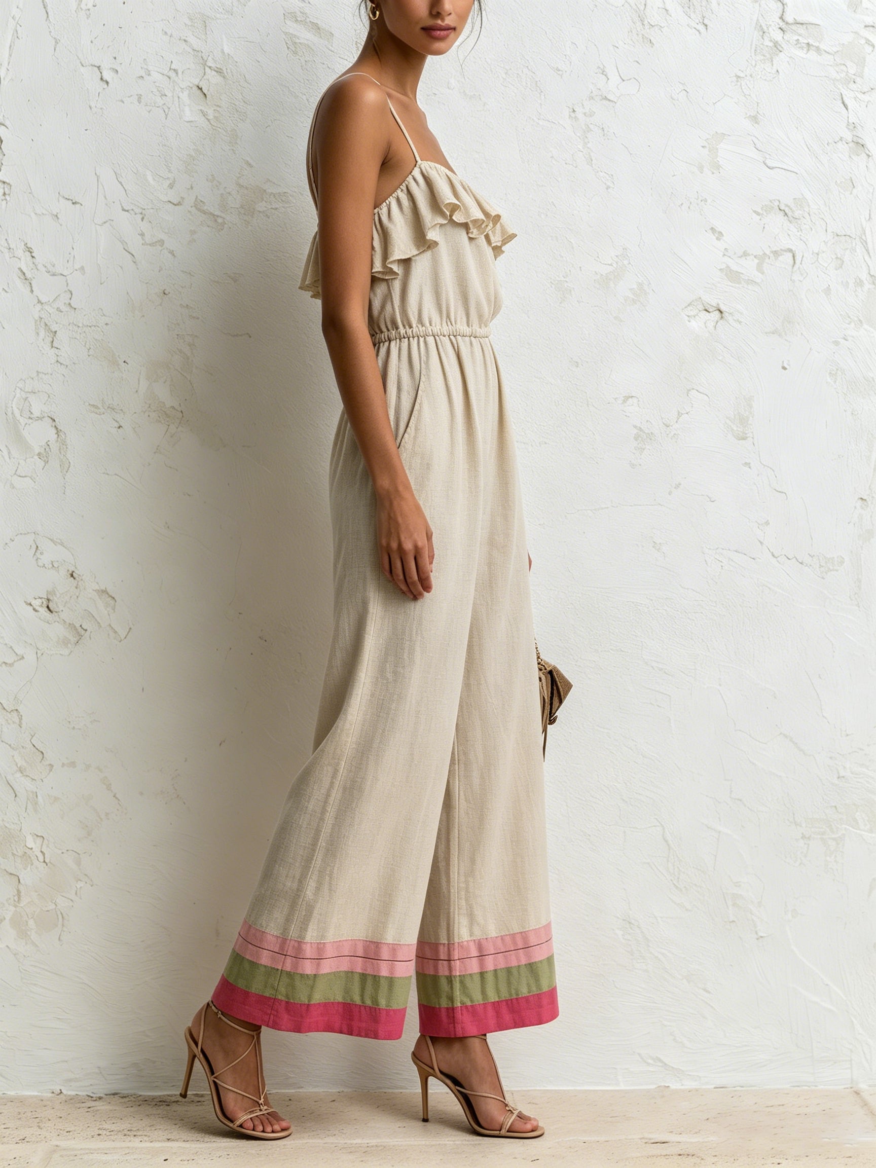 Minimal Chic Ruffle Strap Wide-Leg Jumpsuit – Beige Sleeveless Summer Jumpsuit With Color Hem Detail
