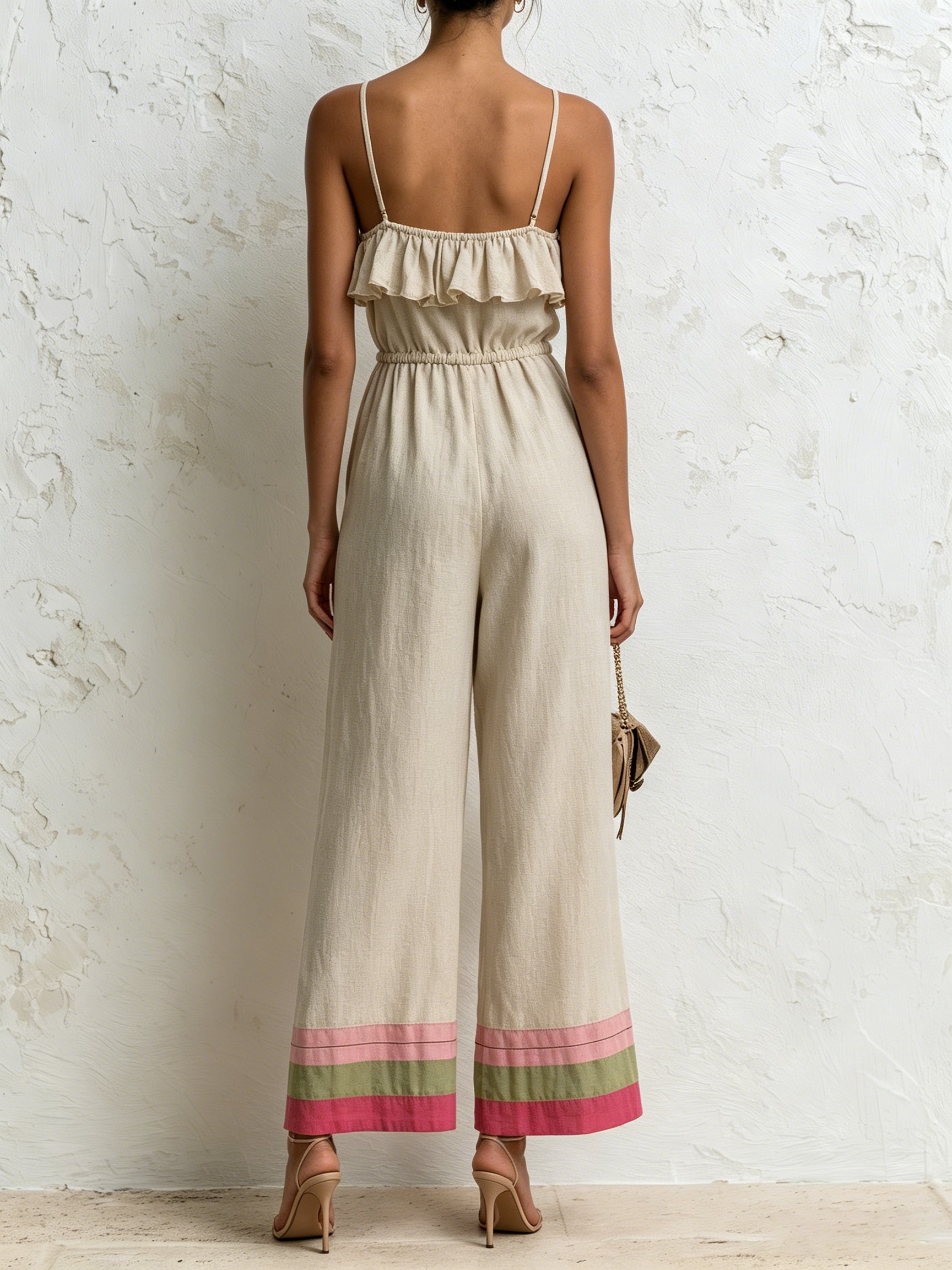 Minimal Chic Ruffle Strap Wide-Leg Jumpsuit – Beige Sleeveless Summer Jumpsuit With Color Hem Detail