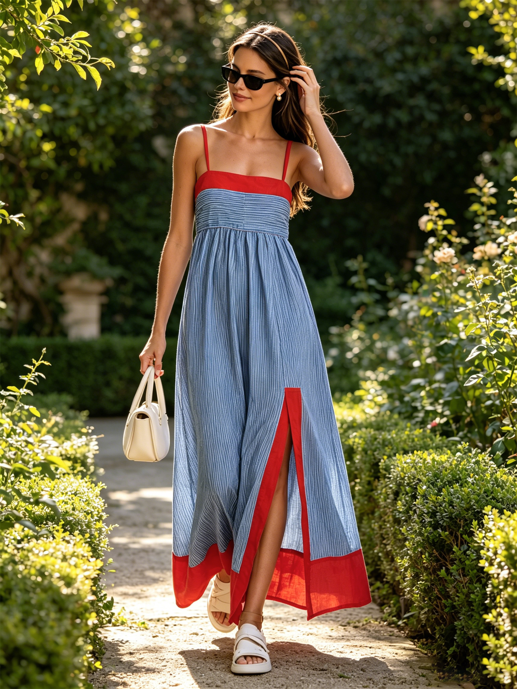 Red Blue Contrast Stripe Cami Maxi Dress
