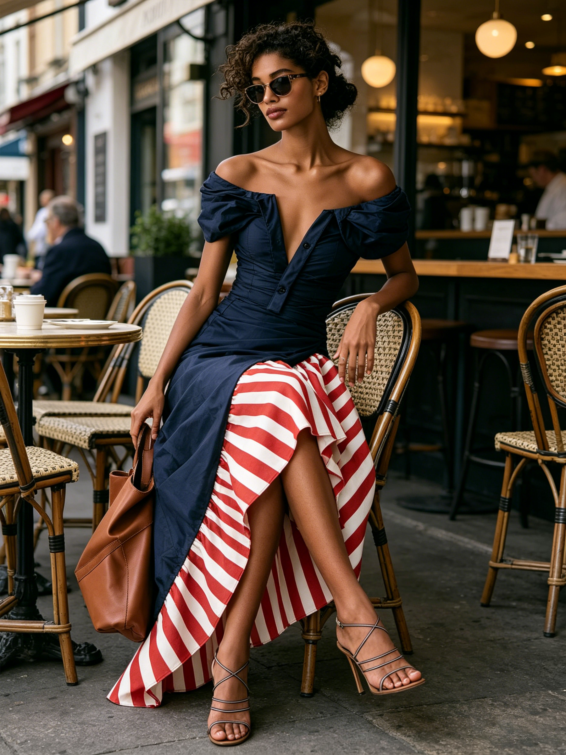 Off Shoulder Color Block Striped Ruffle Asymmetrical Midi Dress