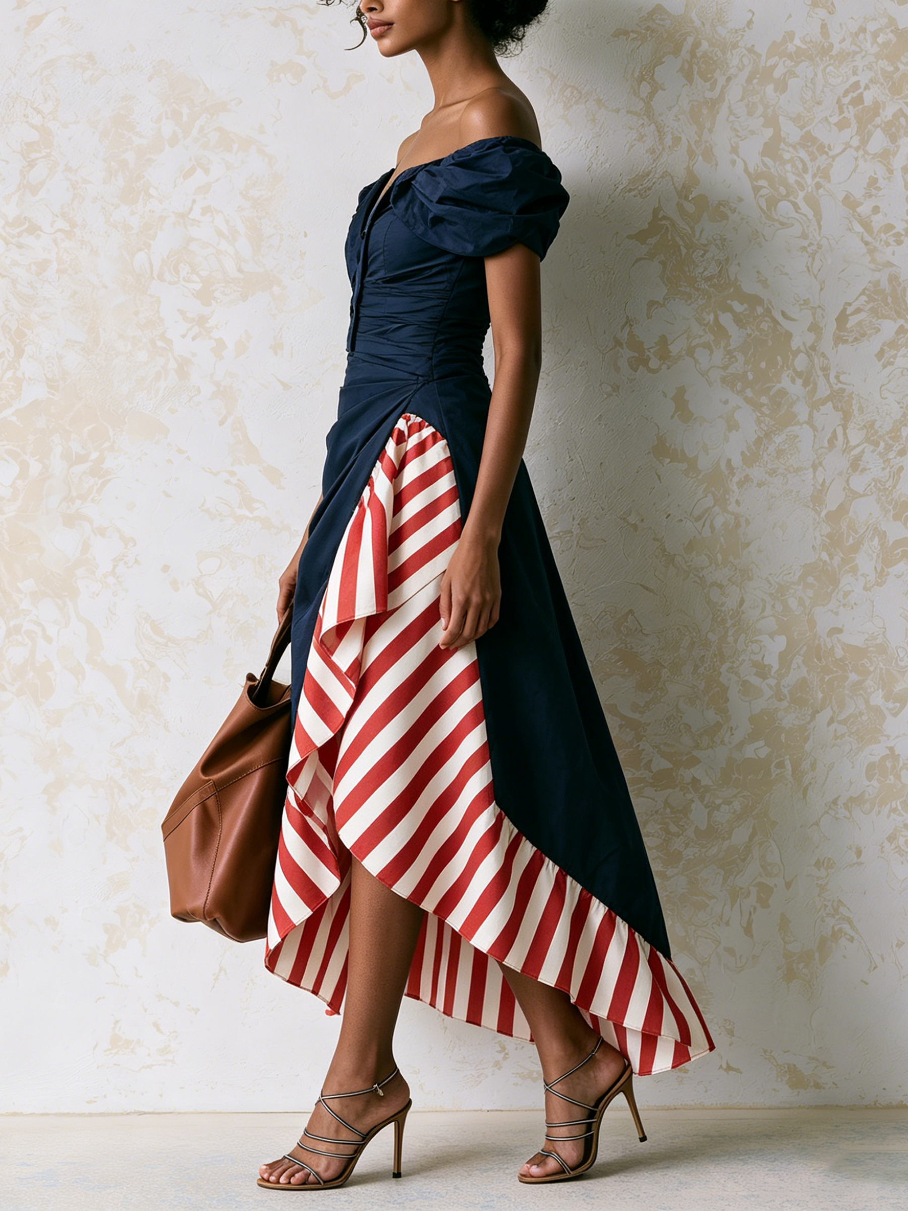 Off Shoulder Color Block Striped Ruffle Asymmetrical Midi Dress