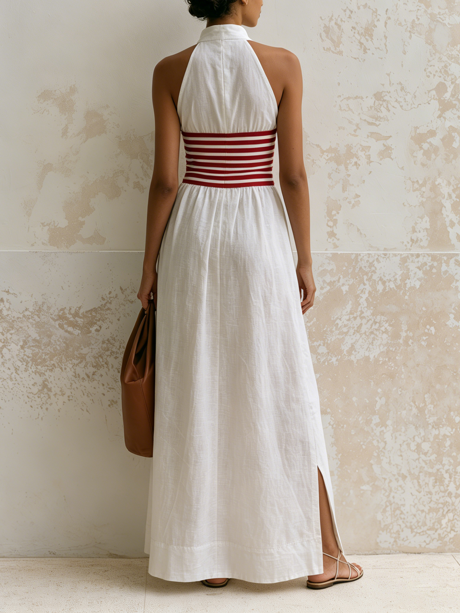 Halter V-Neck Linen Maxi Dress With Red Striped Elastic Waist & Side Slit Pockets