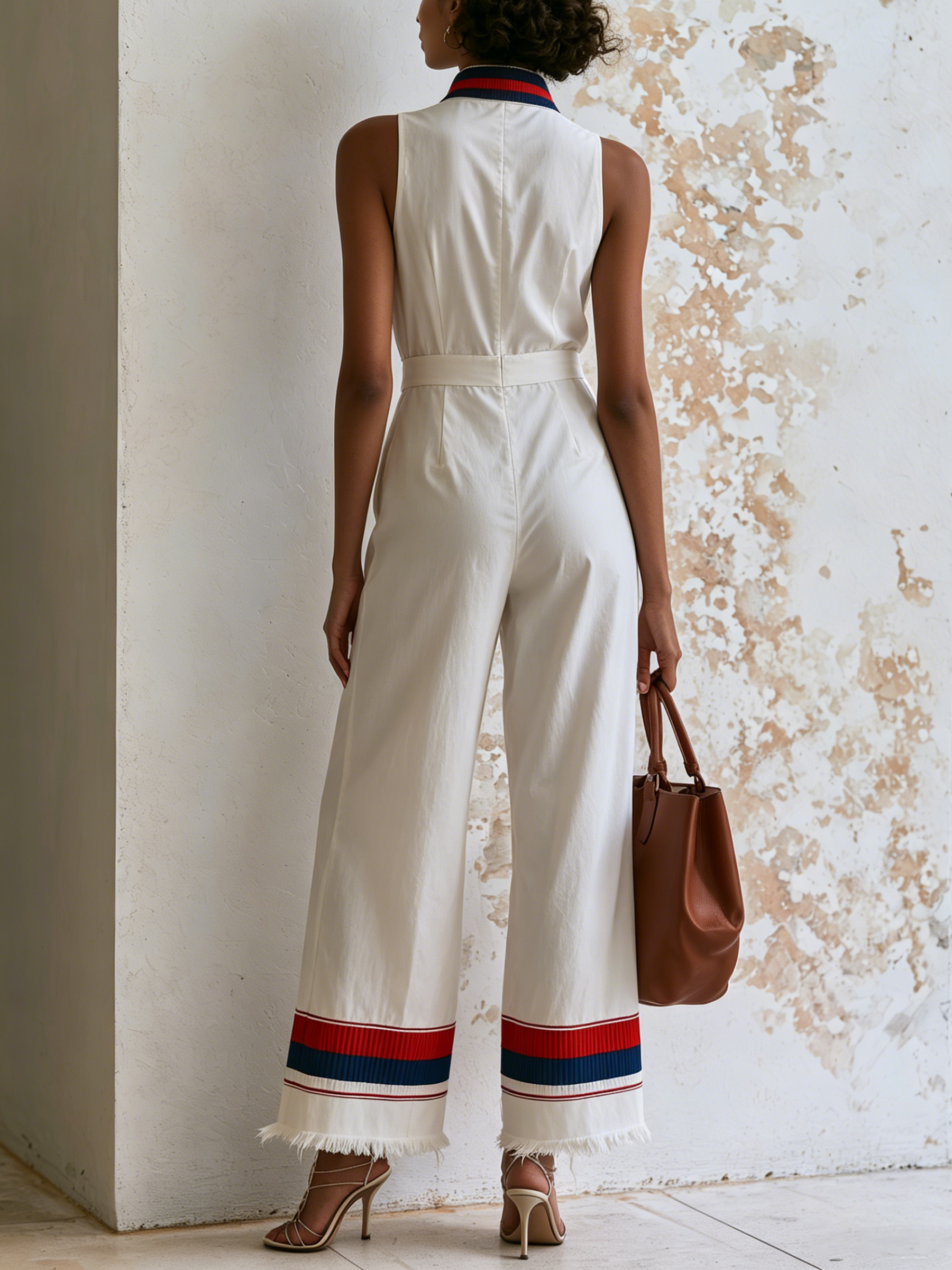 V-Neck Striped Rib Trim Sleeveless High Waist Wide Leg Jumpsuit