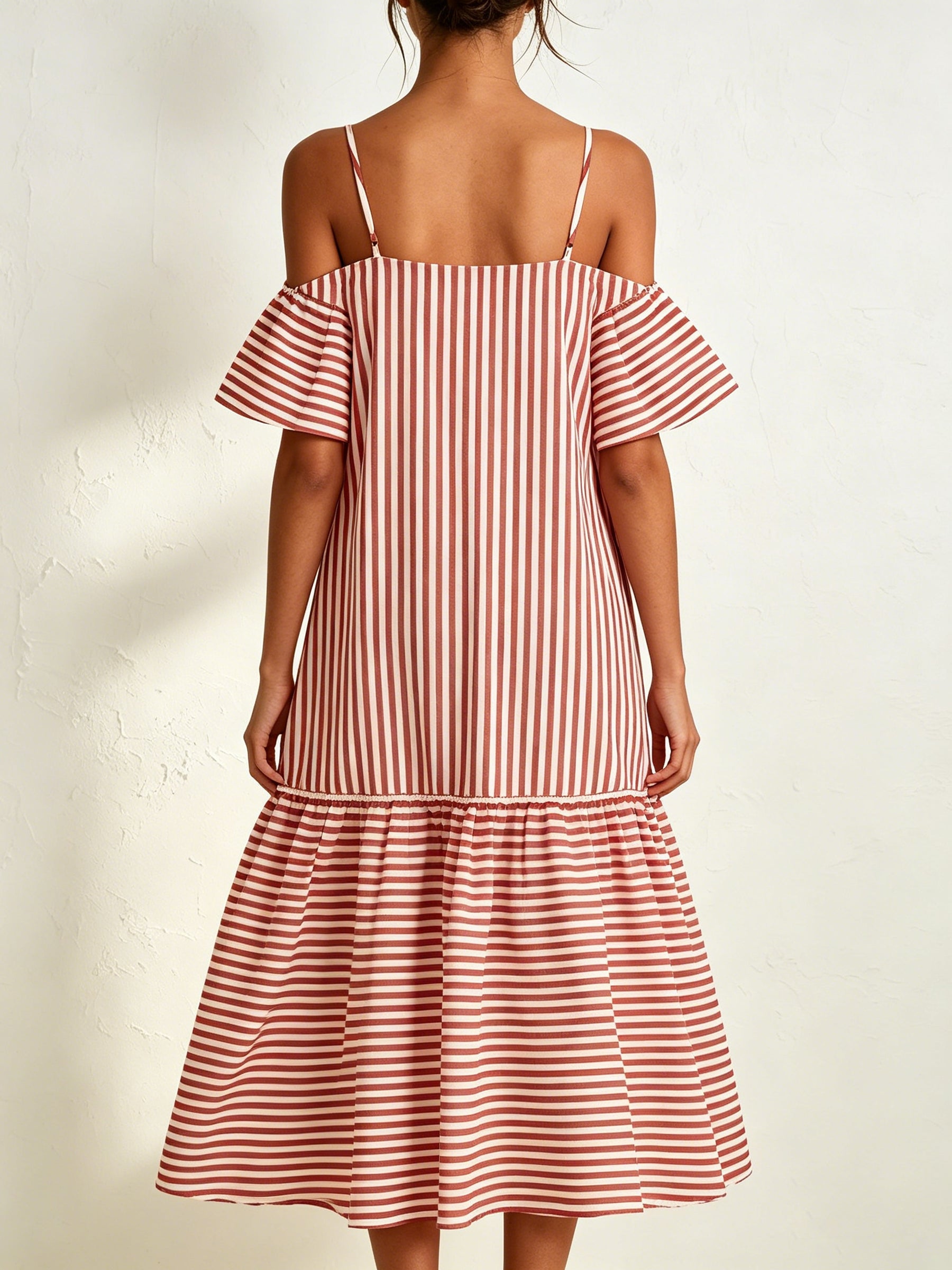 Red & White Striped Off-Shoulder Midi Dress | Relaxed Vacation A-Line Dress