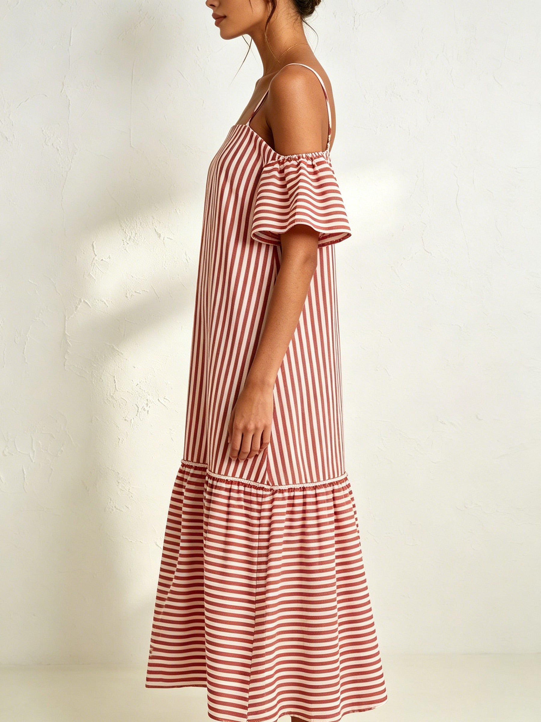 Red & White Striped Off-Shoulder Midi Dress | Relaxed Vacation A-Line Dress