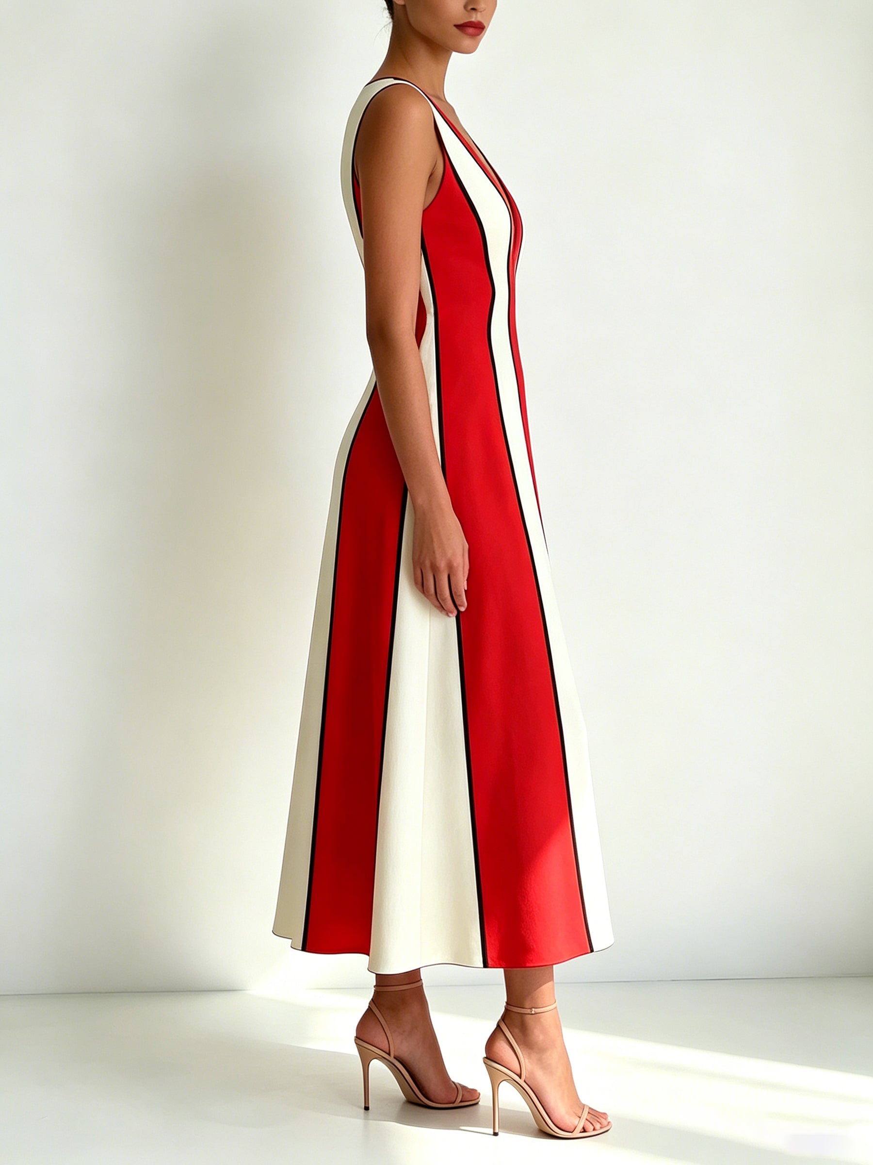 Red & Ivory Colorblock V-Neck Midi Dress | Sleek Sleeveless Slit Bodycon Dress