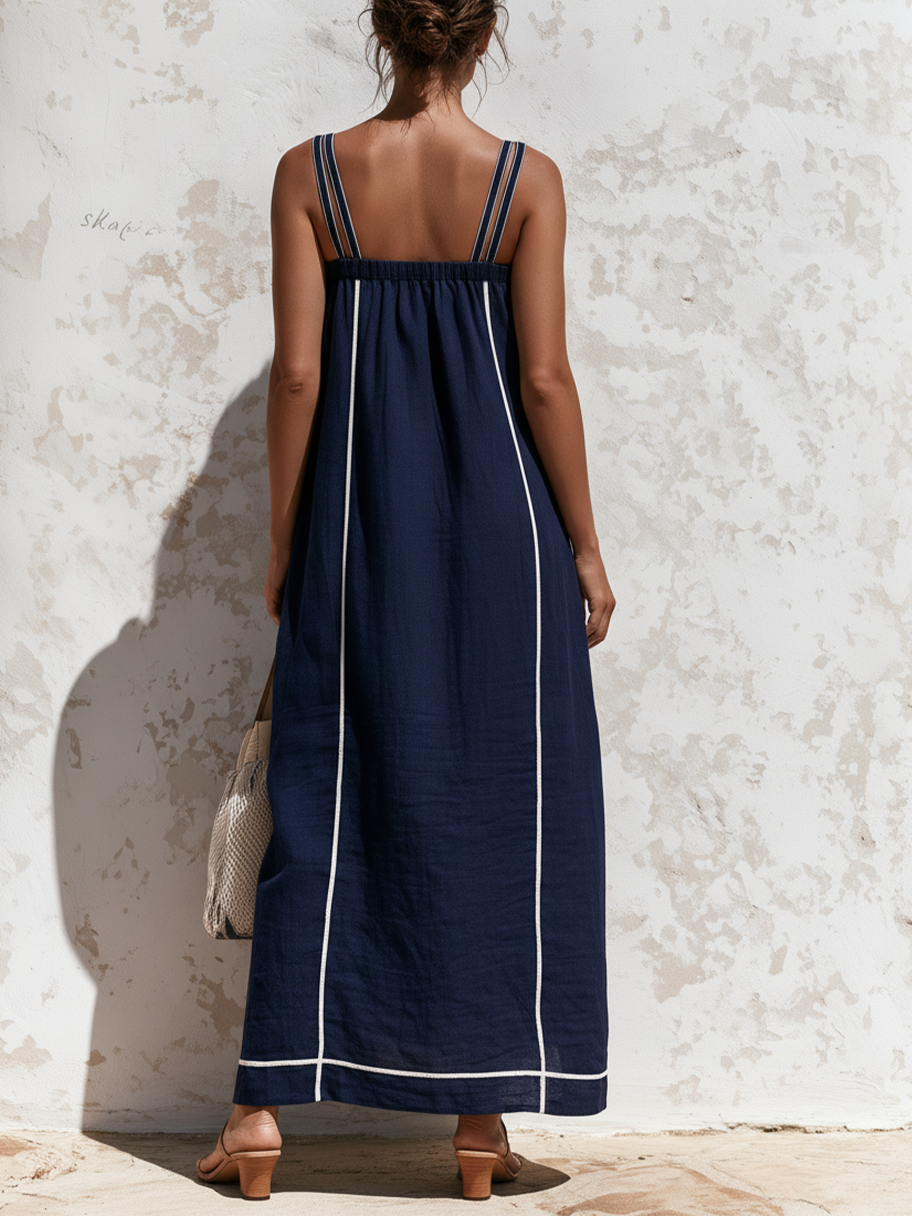 Navy White Piping Double Strap Linen Maxi Dress