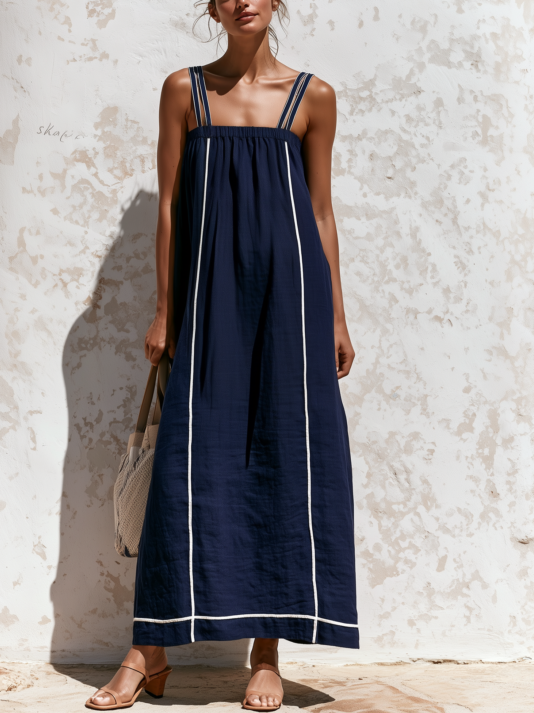 Navy White Piping Double Strap Linen Maxi Dress
