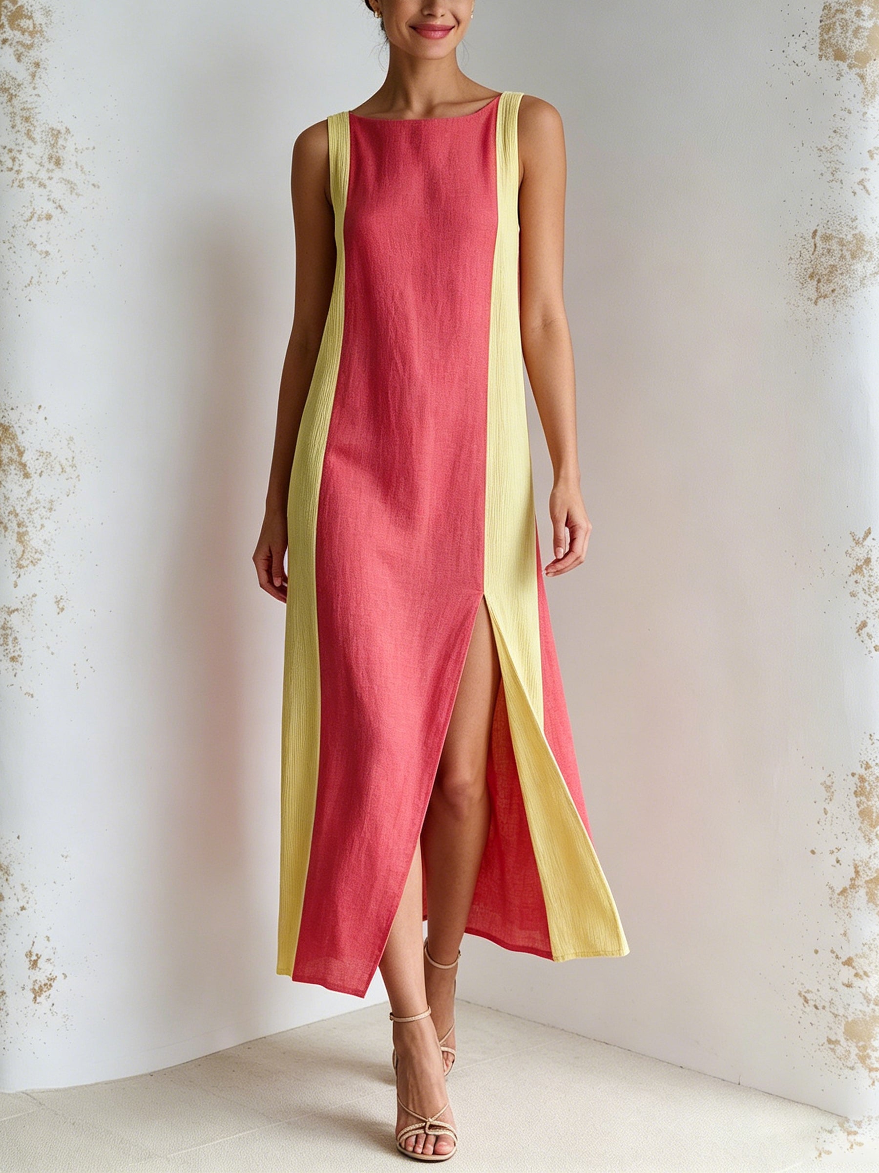 Summer Colorblock Sleeveless Midi Dress – Red & Yellow Contrast Side Slit Elegant Dress For Women