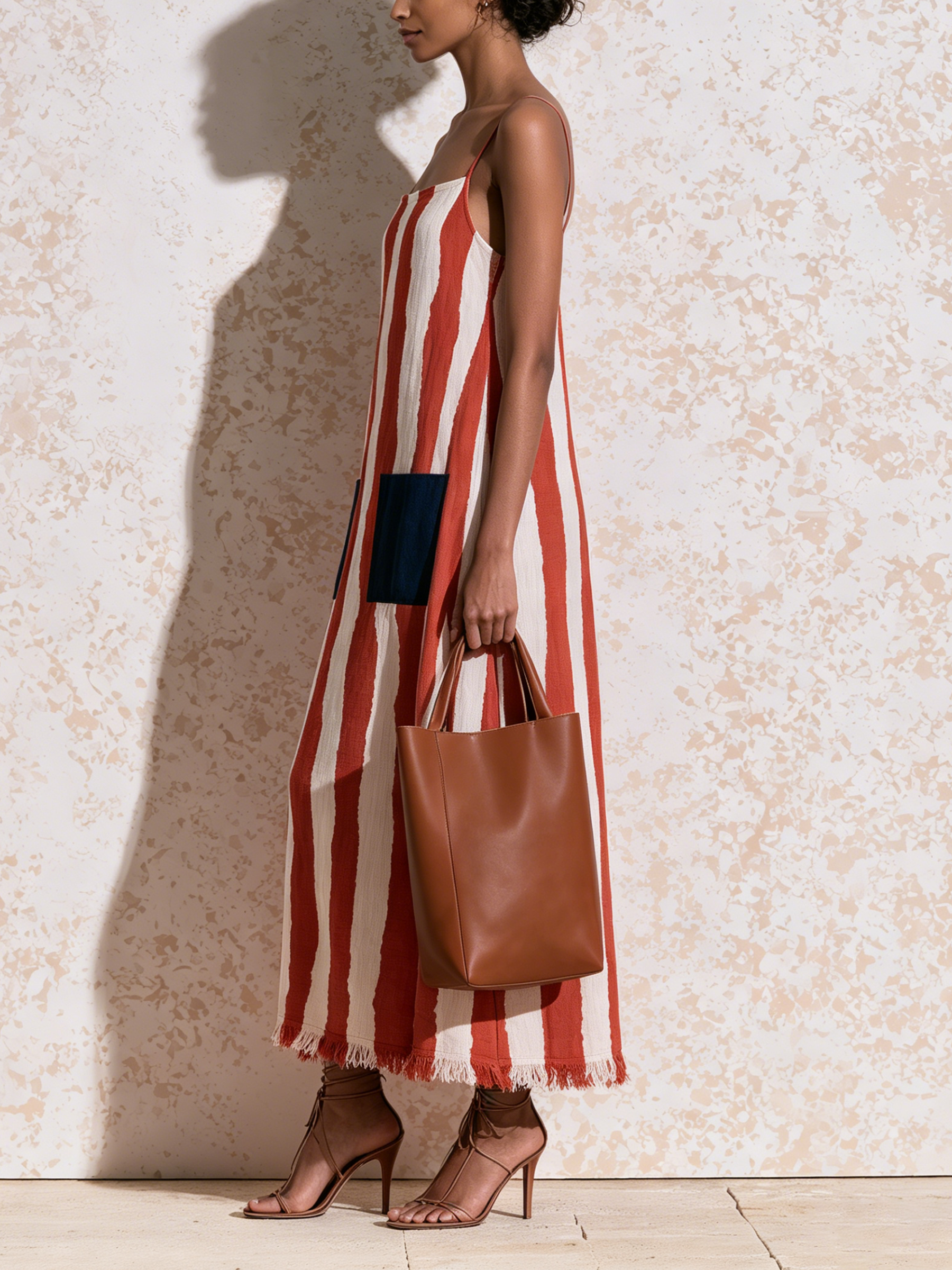 Red White Vertical Stripe Adjustable Spaghetti Strap Fringe Hem Maxi Slip Dress