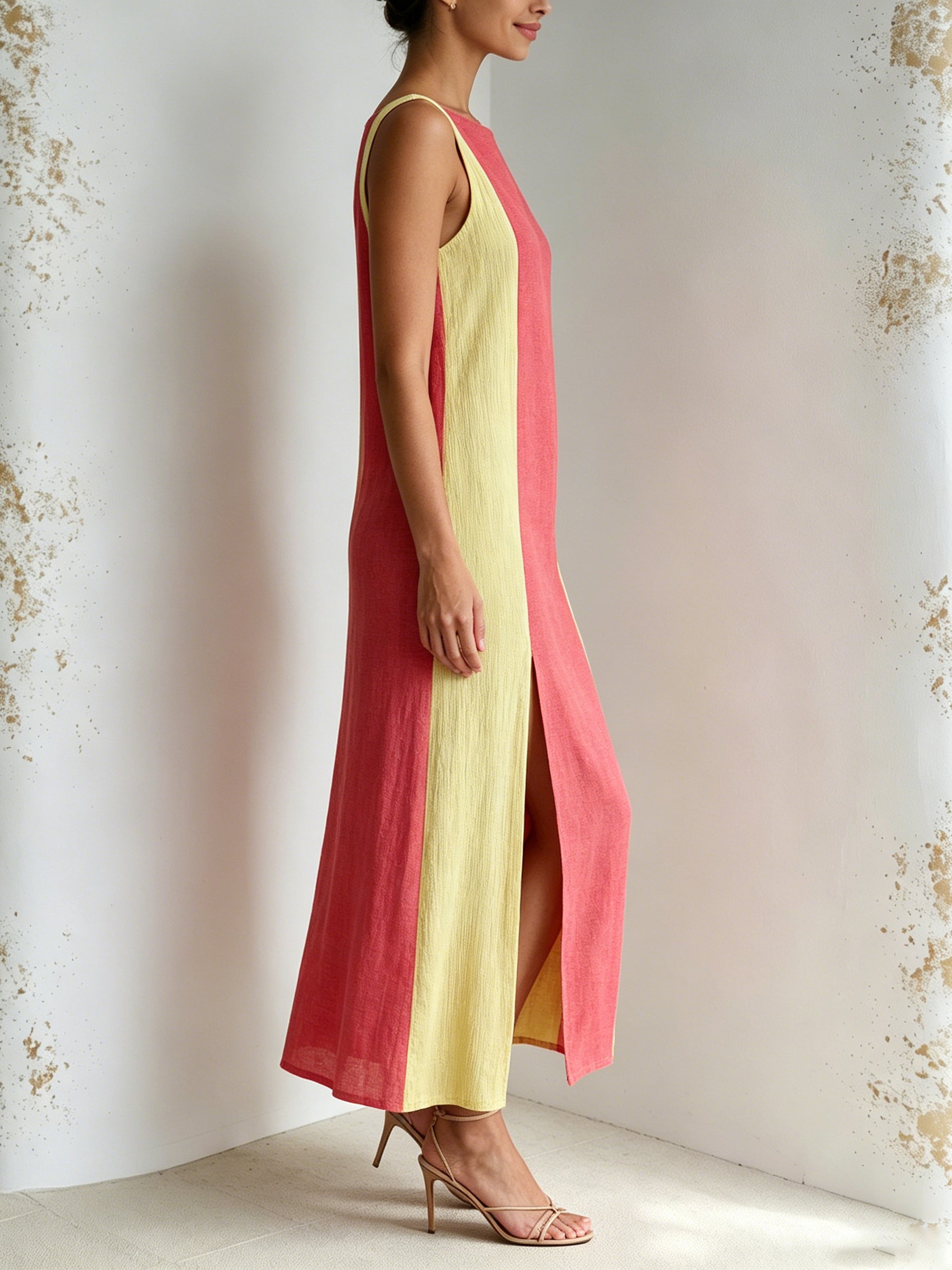 Summer Colorblock Sleeveless Midi Dress – Red & Yellow Contrast Side Slit Elegant Dress For Women