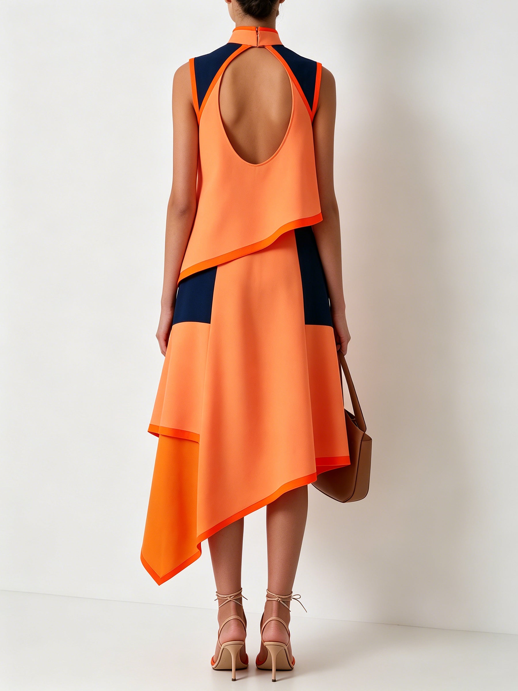 Asymmetric Orange Colorblock Midi Dress – High Neck Sleeveless Designer Dress With Navy Contrast Panels