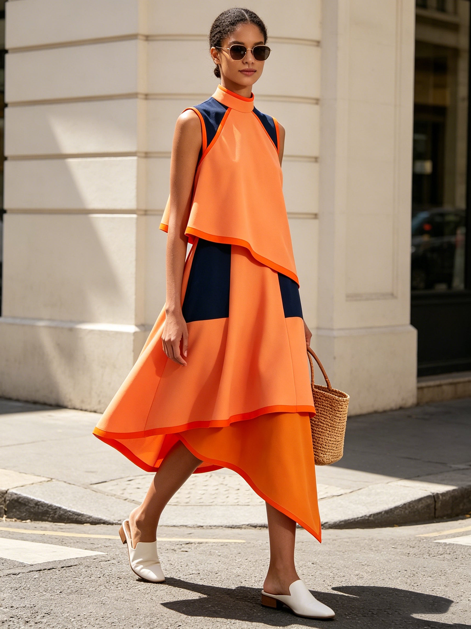 Asymmetric Orange Colorblock Midi Dress – High Neck Sleeveless Designer Dress With Navy Contrast Panels