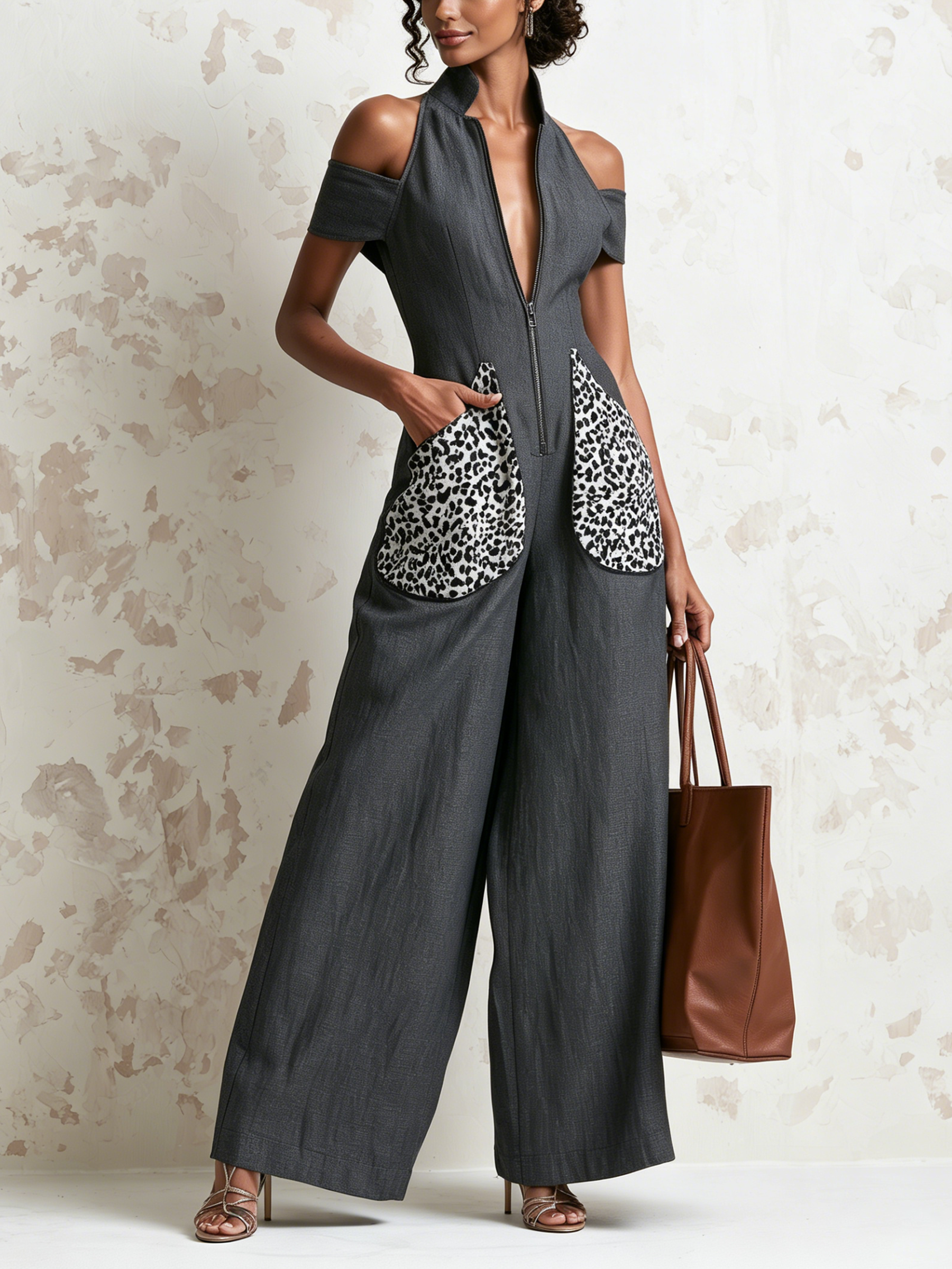 Halter Cold Shoulder Zip Front Leopard Patch Pocket Wide Leg Linen Jumpsuit