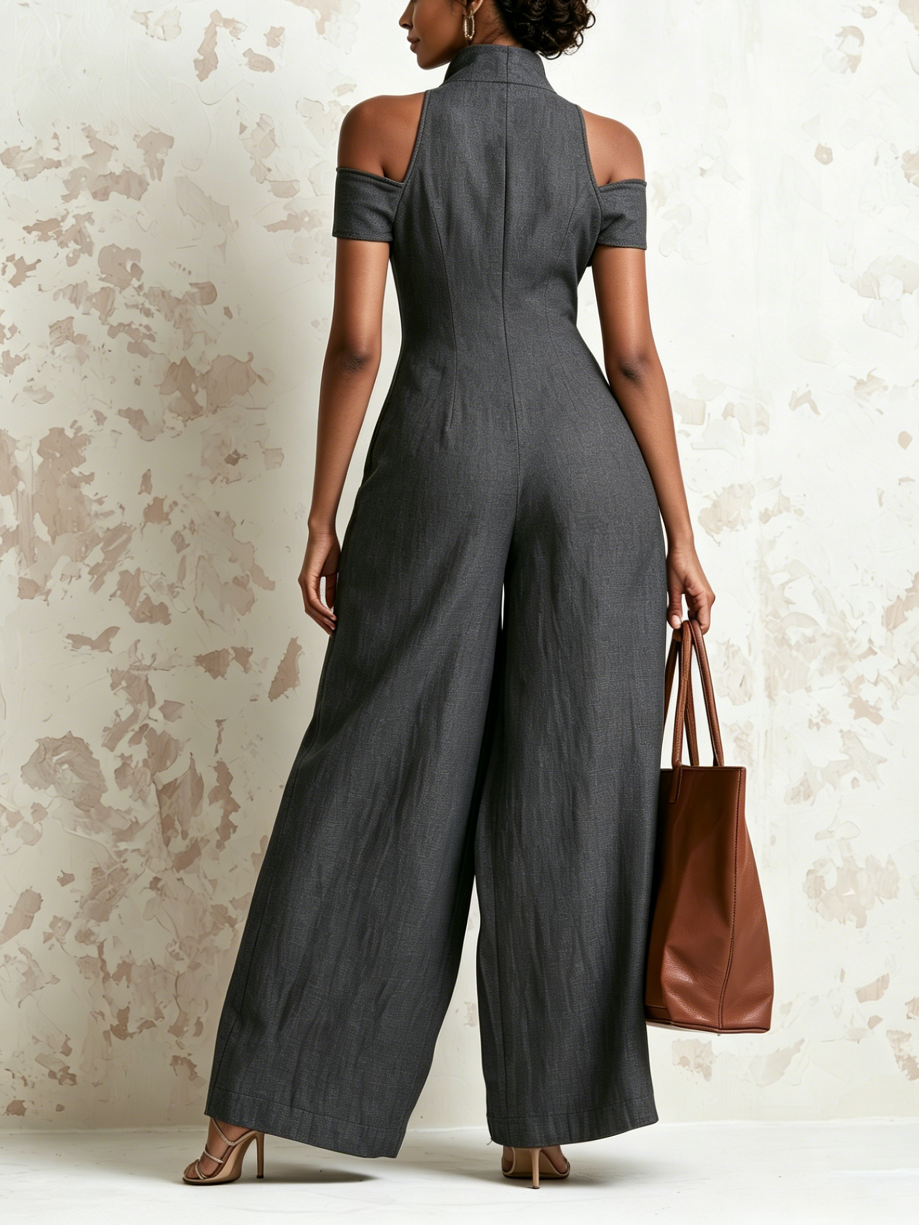 Halter Cold Shoulder Zip Front Leopard Patch Pocket Wide Leg Linen Jumpsuit