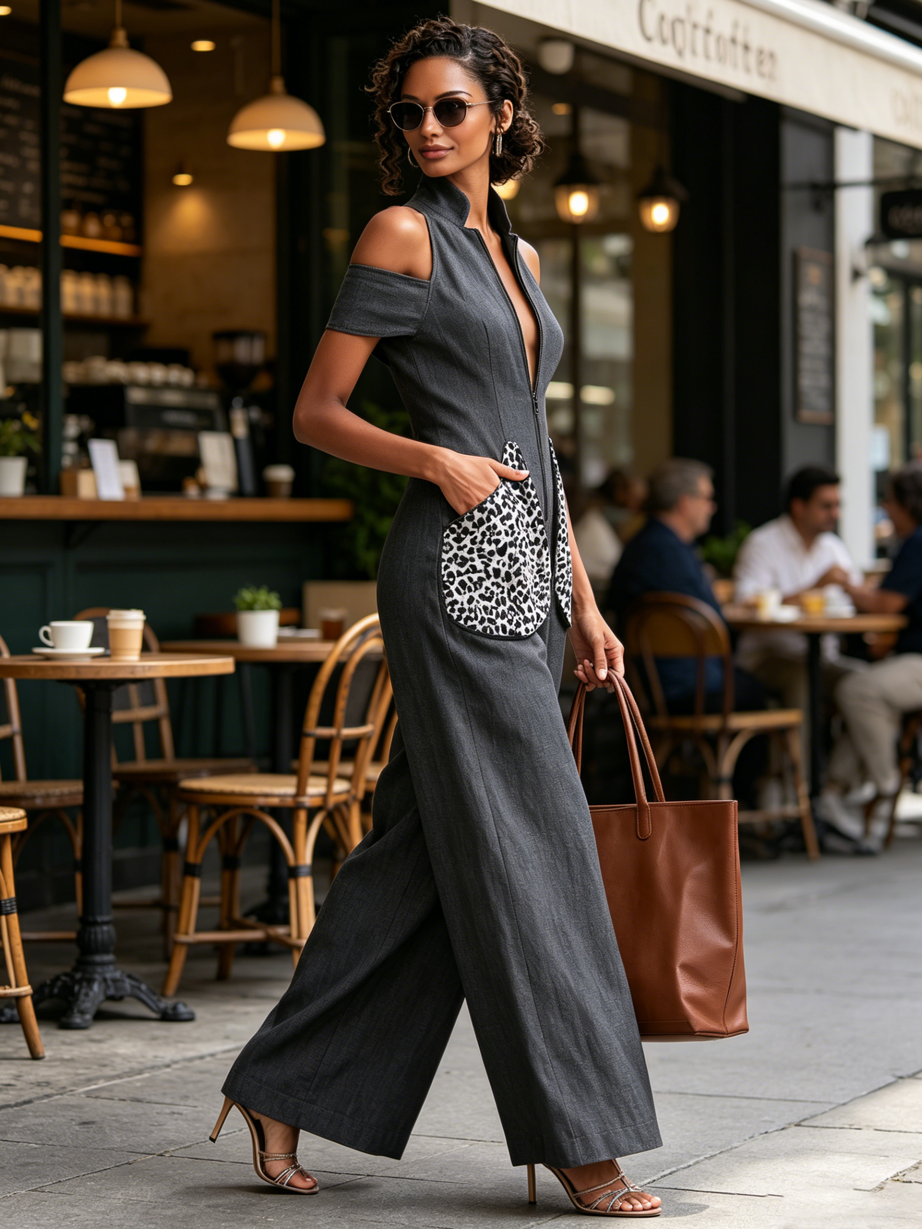 Halter Cold Shoulder Zip Front Leopard Patch Pocket Wide Leg Linen Jumpsuit