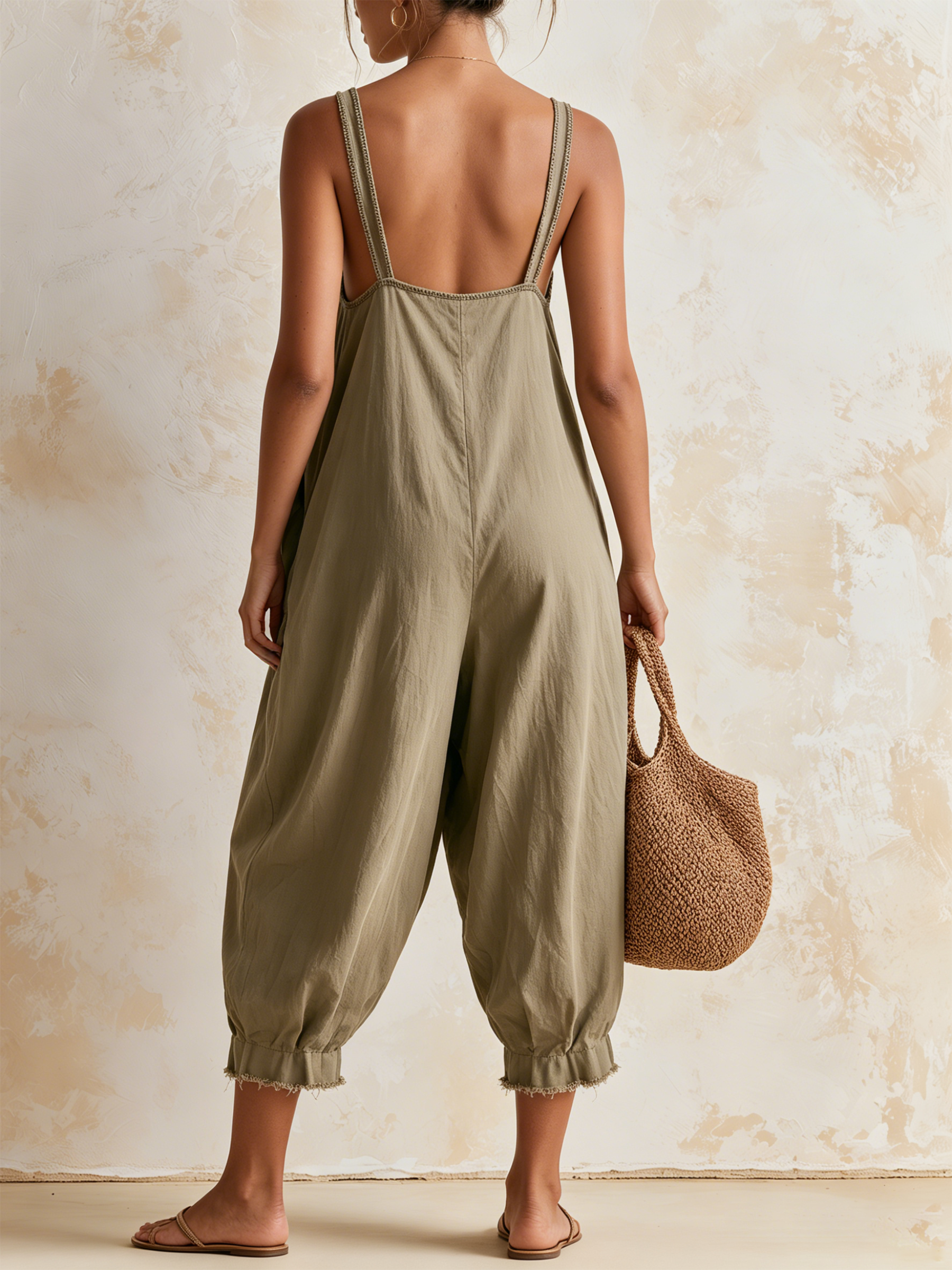 Sage Green Loose Sling Cropped Jumpsuit
