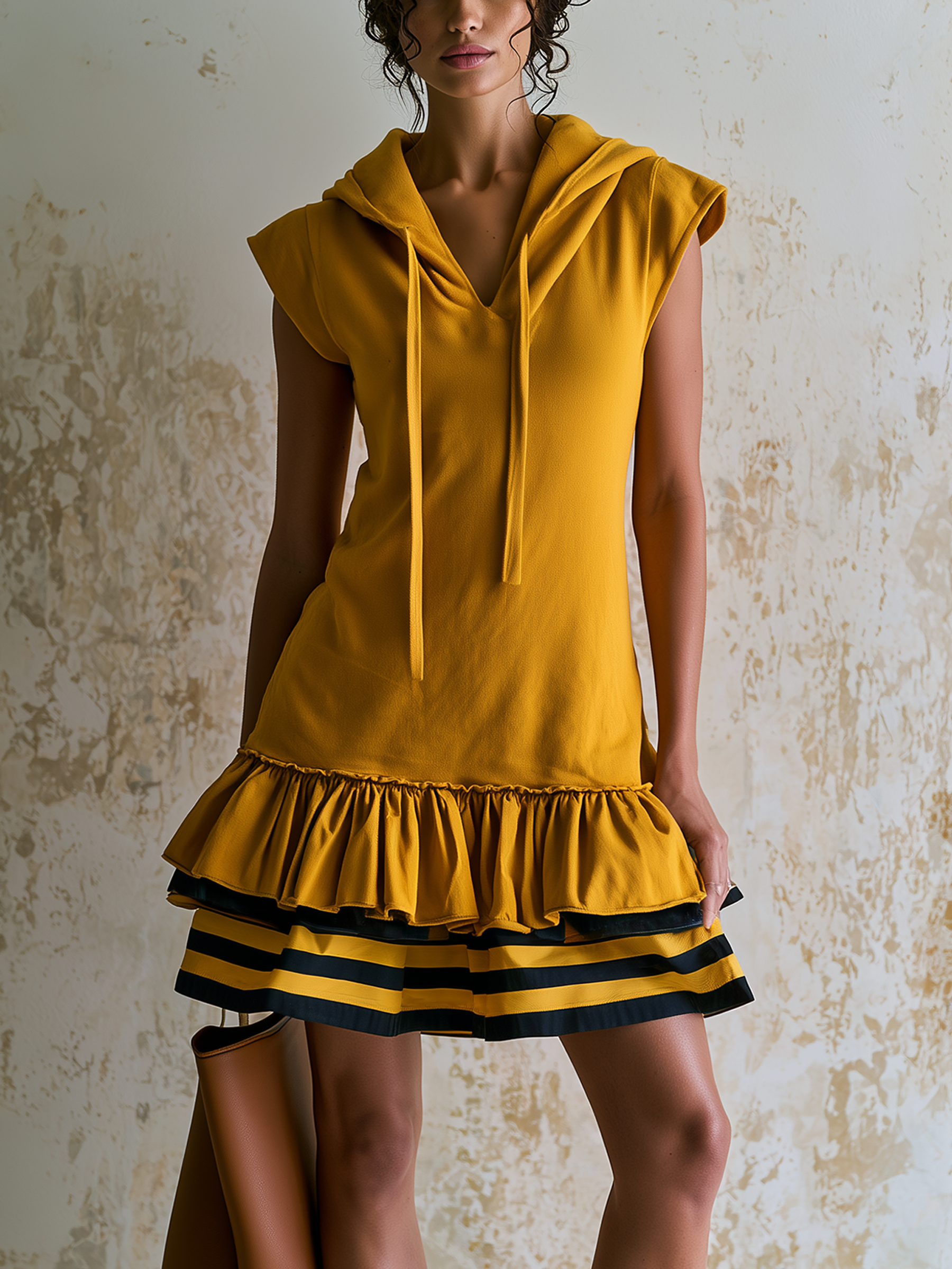 Mustard Sleeveless Hooded Mini Sweatshirt Dress With Ruffle Hem & Striped Tiered Skirt