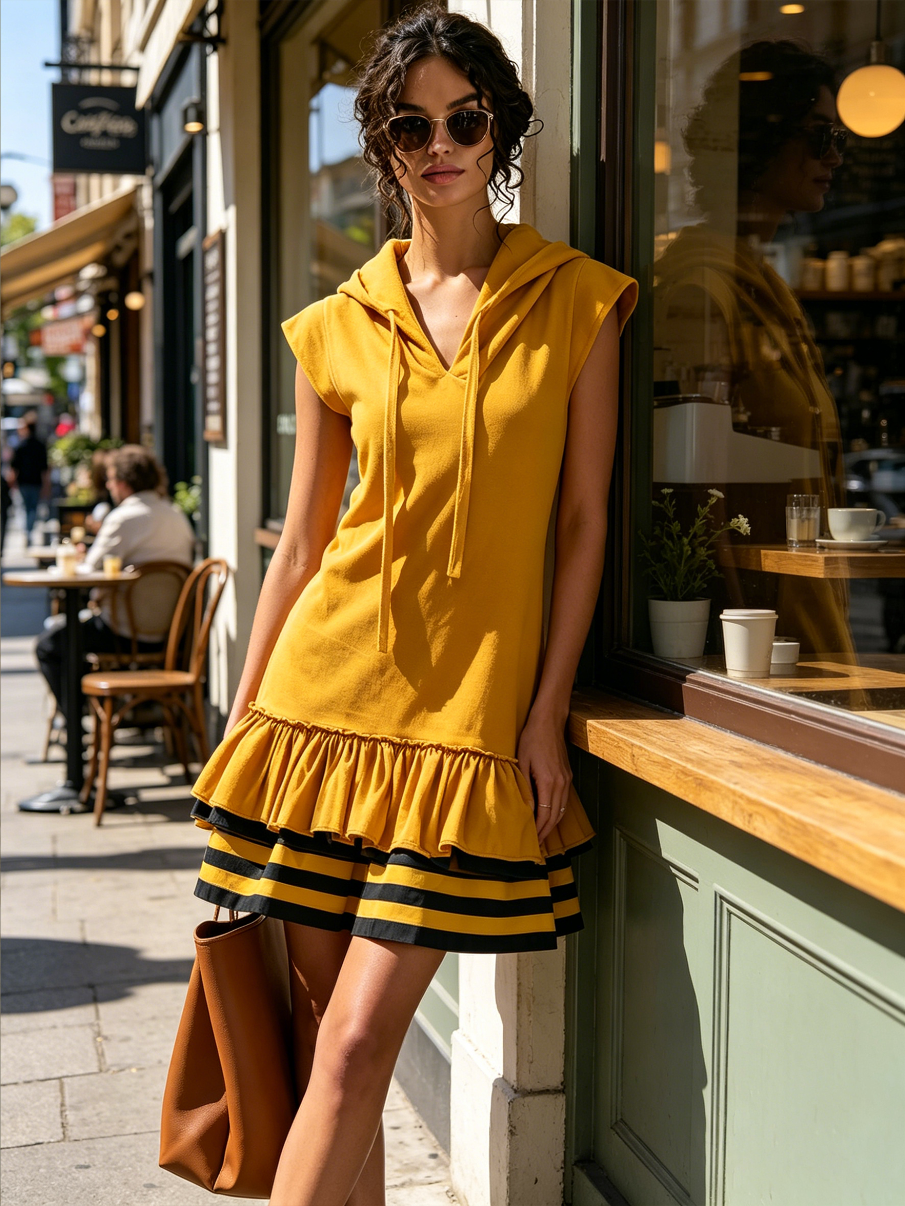 Mustard Sleeveless Hooded Mini Sweatshirt Dress With Ruffle Hem & Striped Tiered Skirt