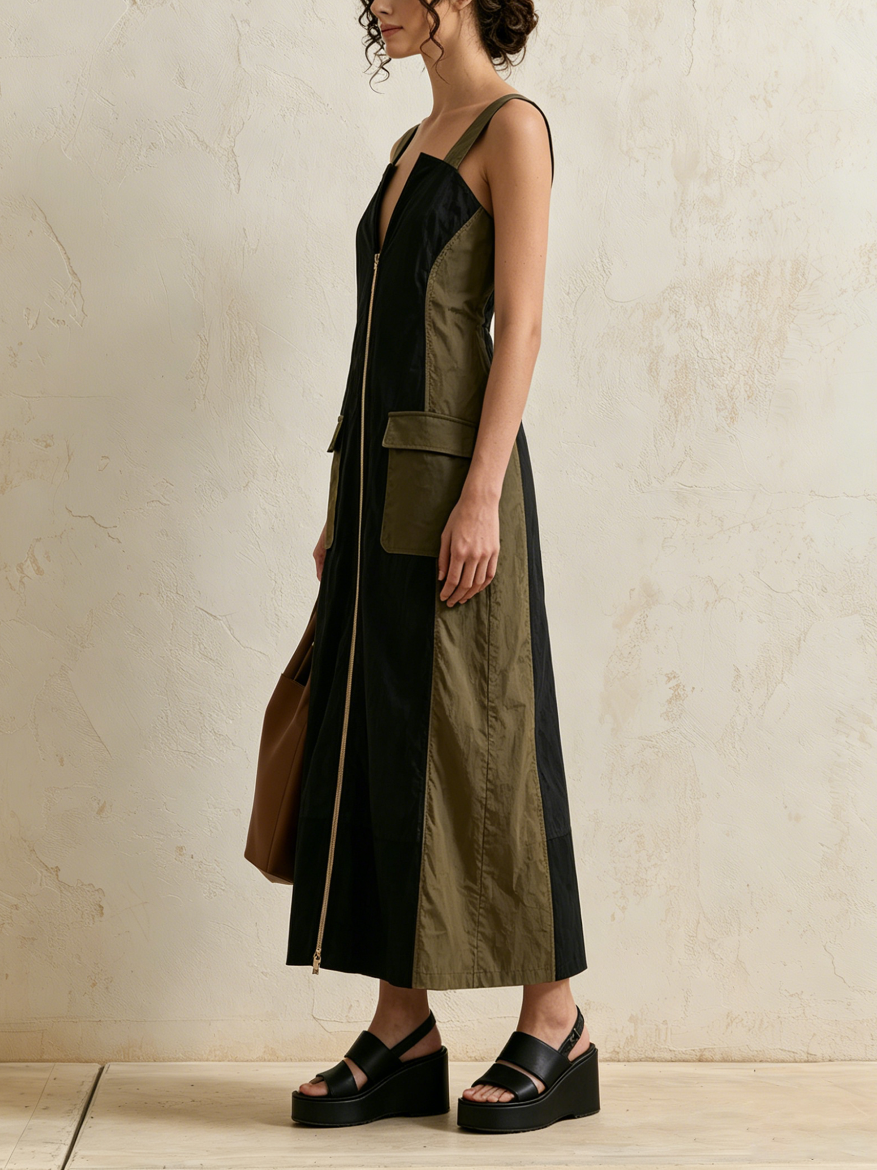 Black & Olive Color Block Sleeveless Midi Cargo Dress With Flap Pockets & Front Zipper