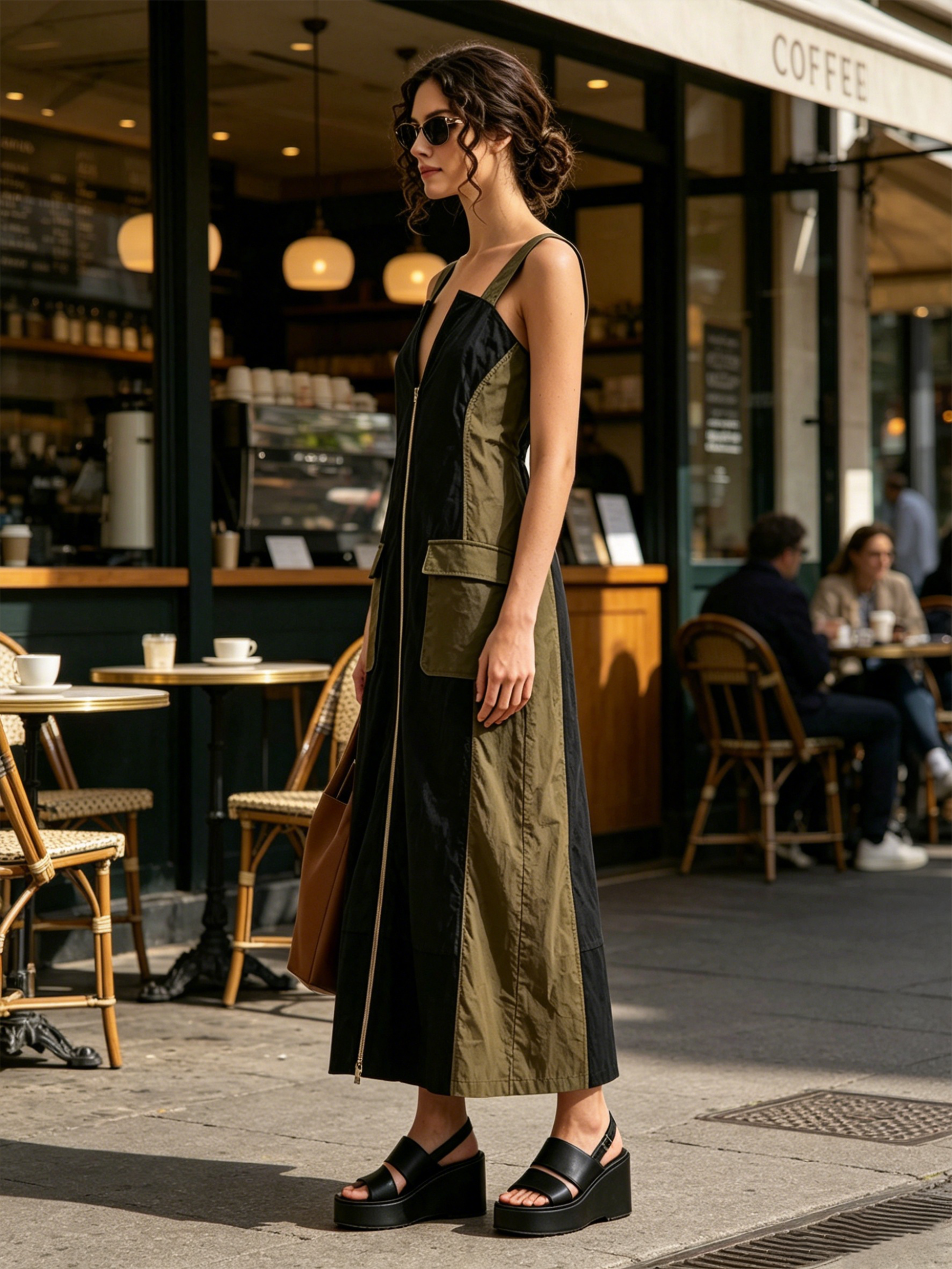 Black & Olive Color Block Sleeveless Midi Cargo Dress With Flap Pockets & Front Zipper