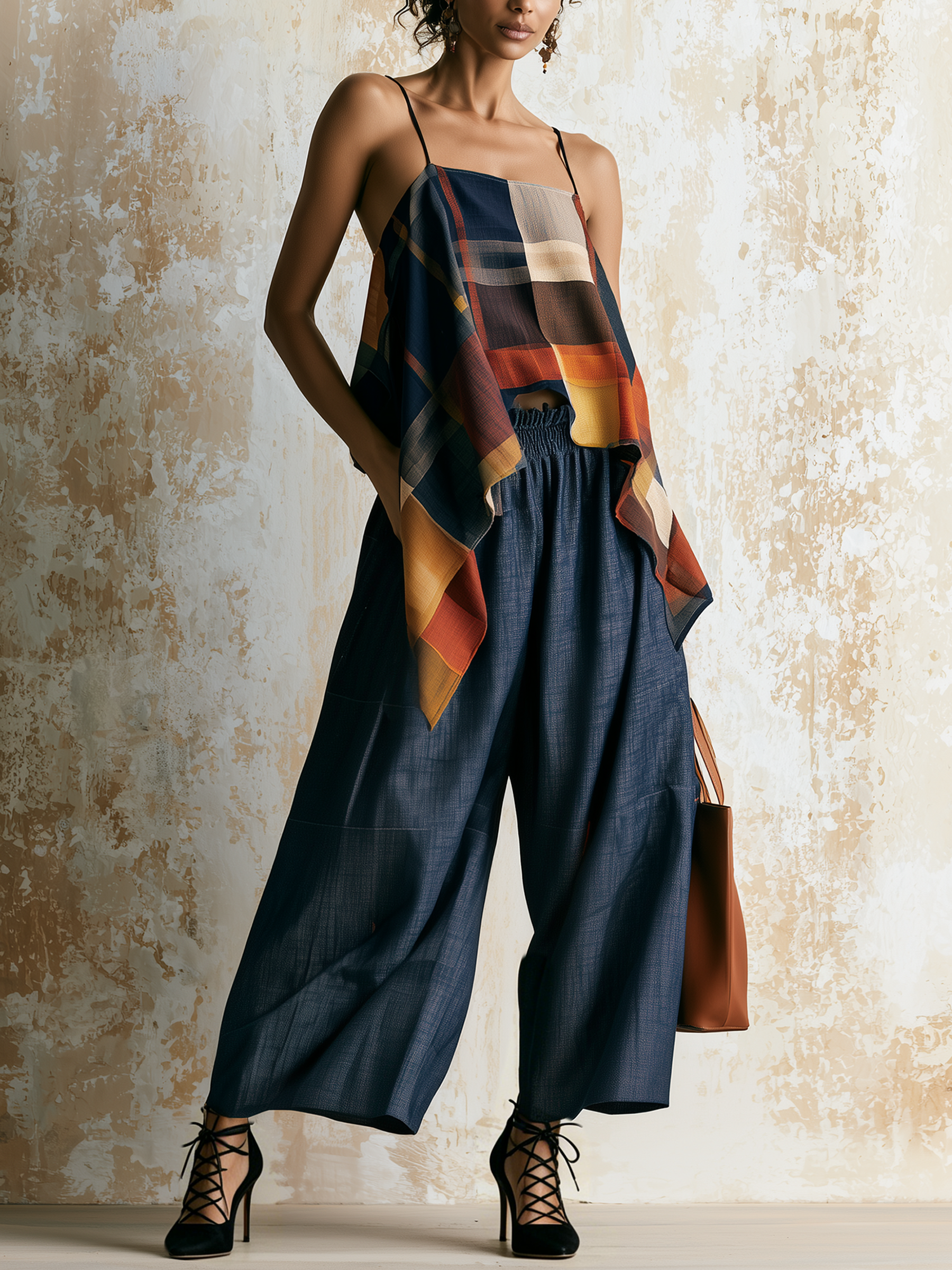 Color Block Plaid Asymmetrical Cami & Denim Wide-Leg Pants Two-Piece Set