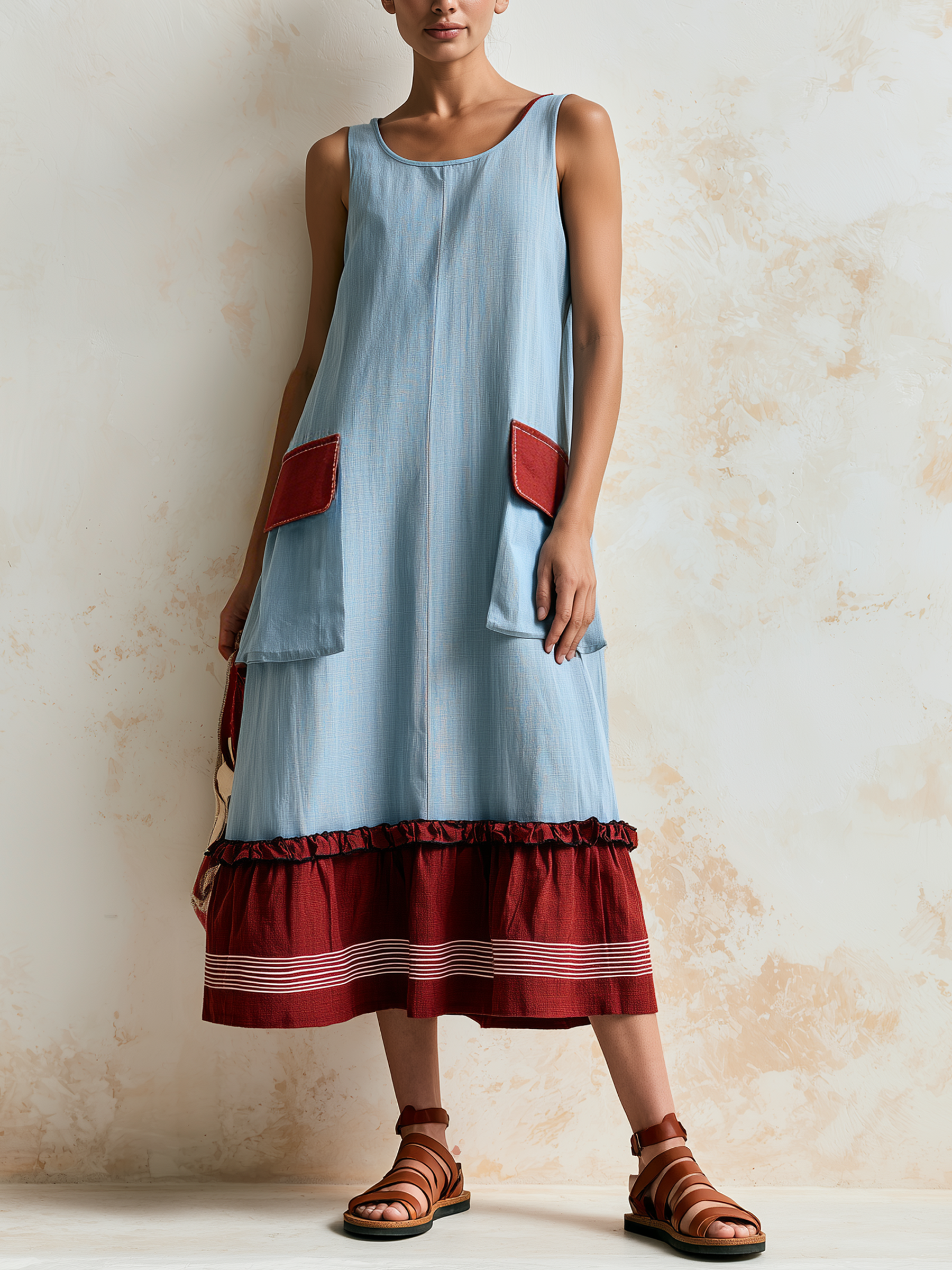 Light Blue Red Color Block Sleeveless Maxi Dress