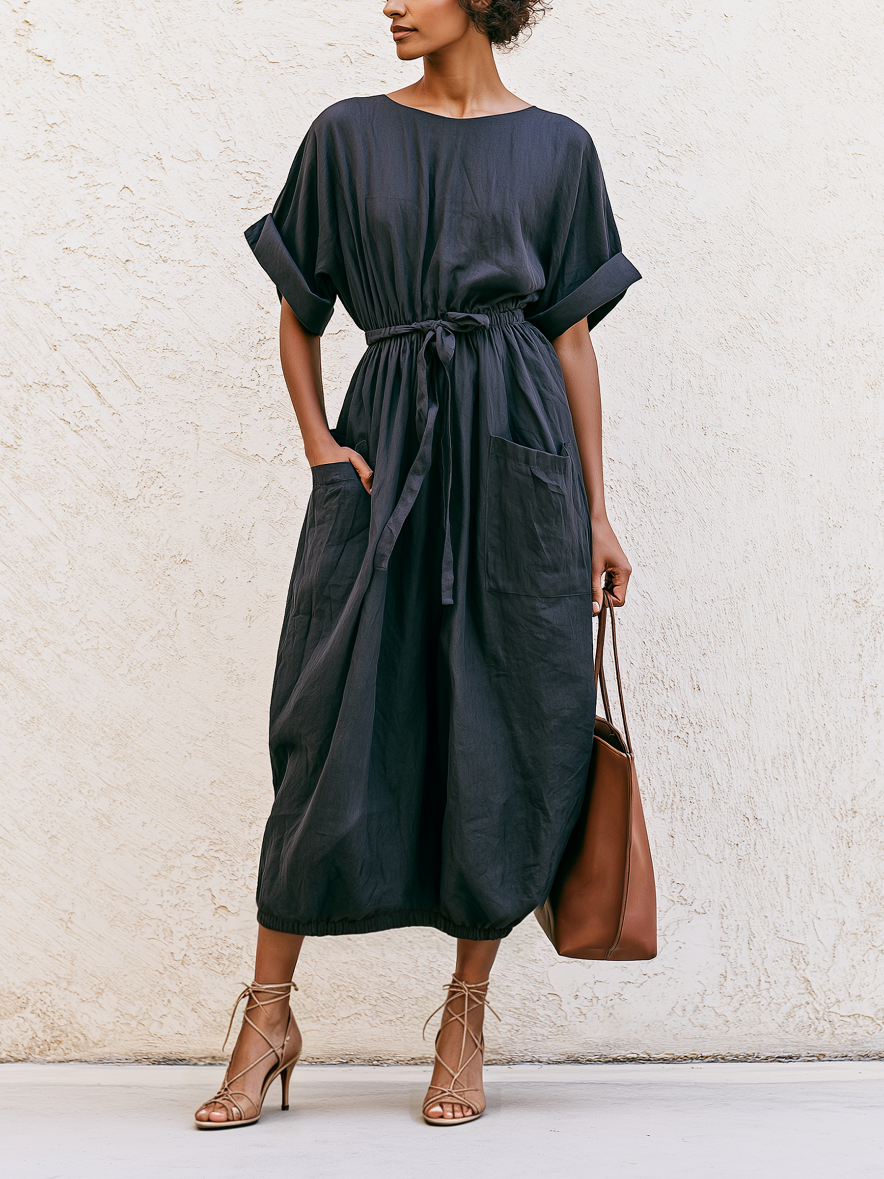 Oversized Linen Midi Bubble Dress With Pockets & Waist Tie