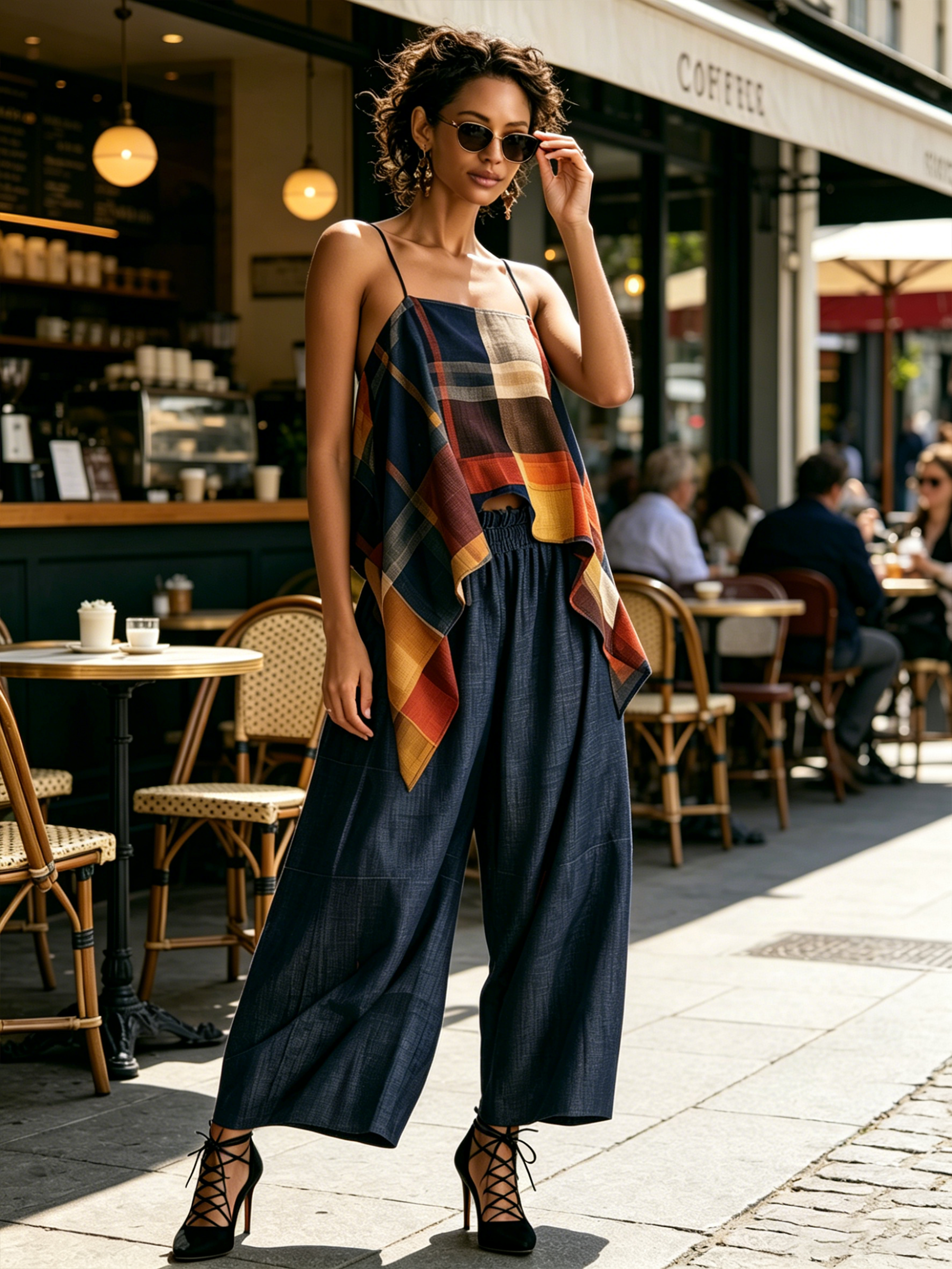 Color Block Plaid Asymmetrical Cami & Denim Wide-Leg Pants Two-Piece Set