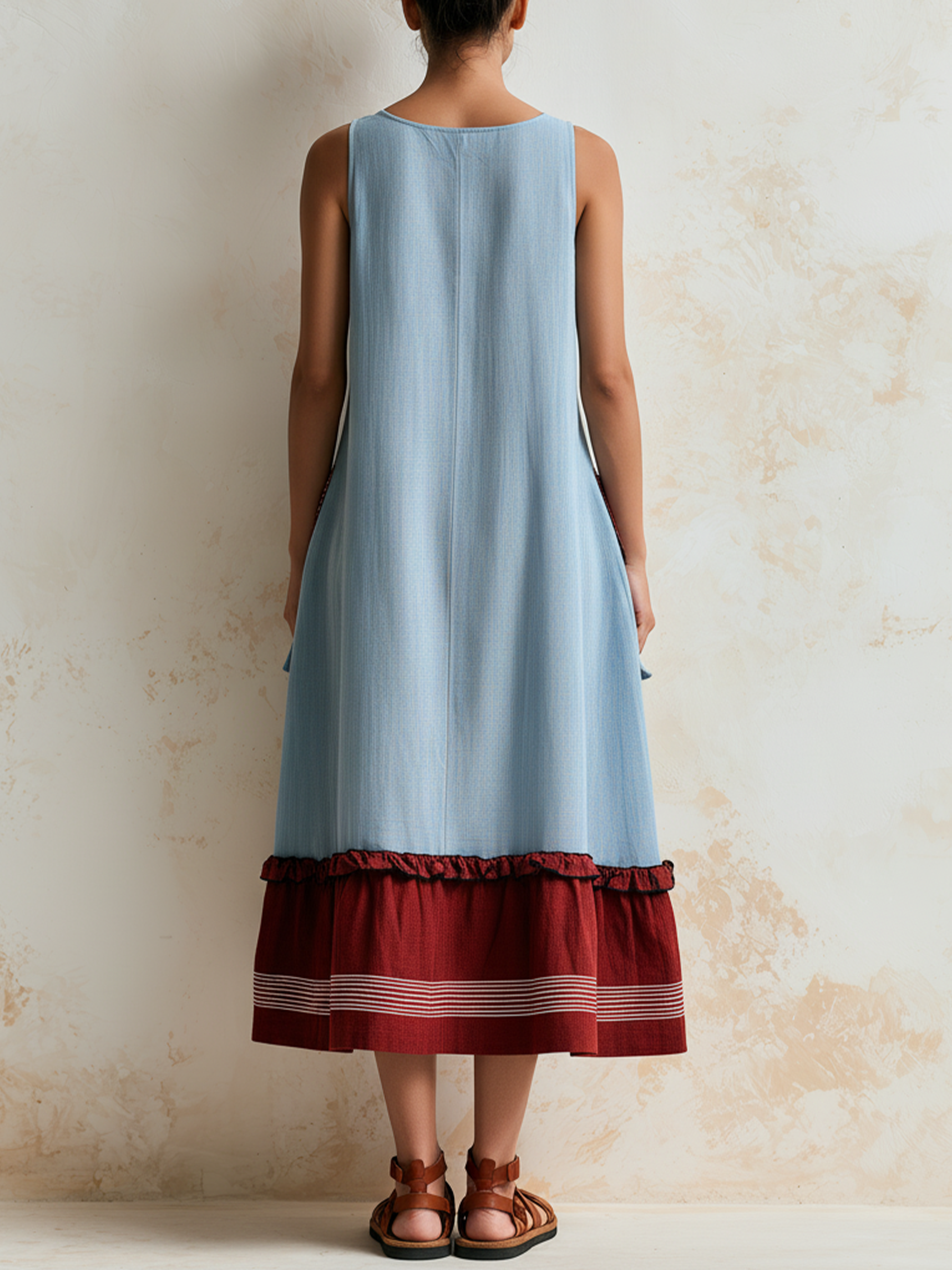 Light Blue Red Color Block Sleeveless Maxi Dress