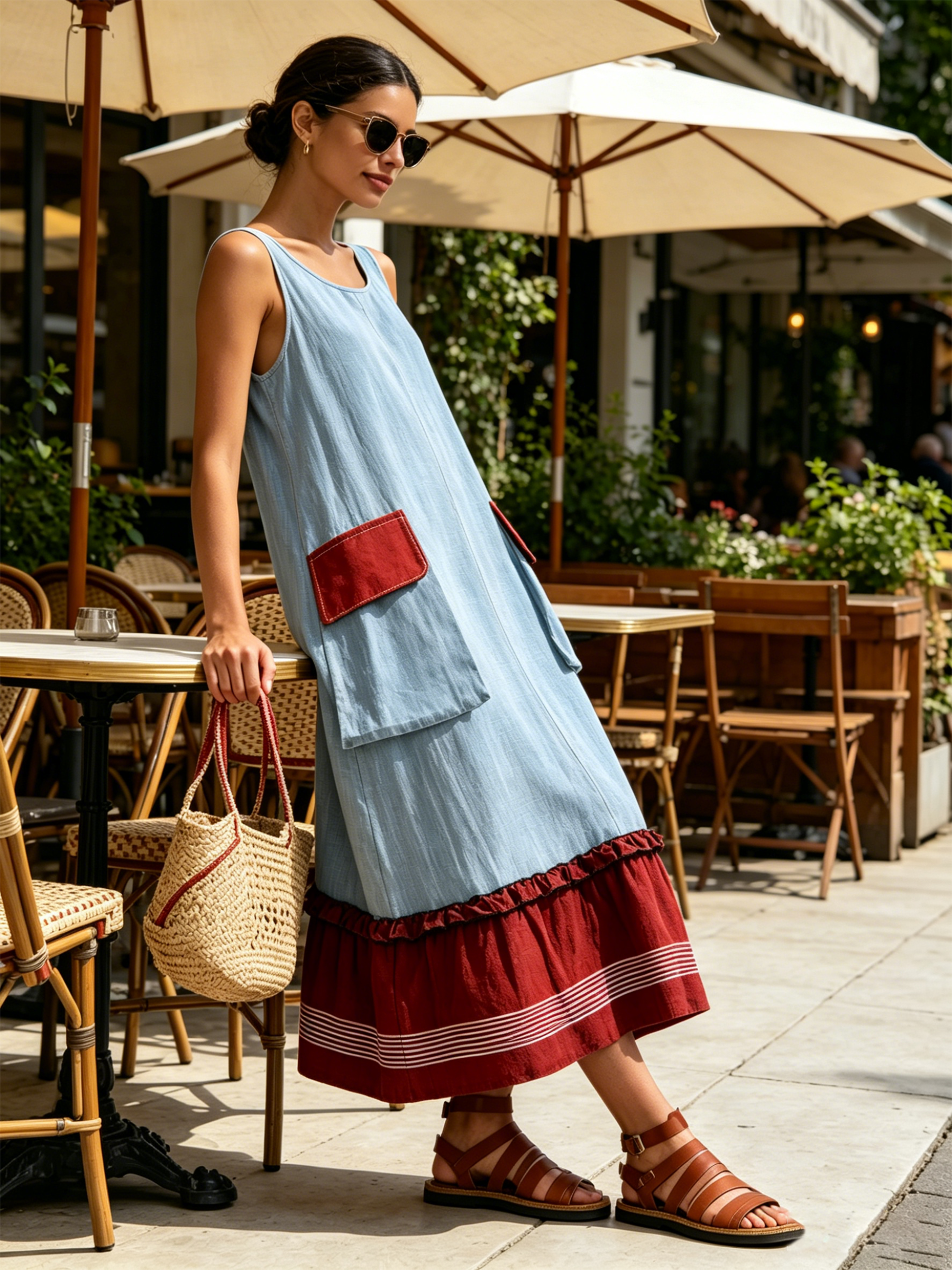 Light Blue Red Color Block Sleeveless Maxi Dress