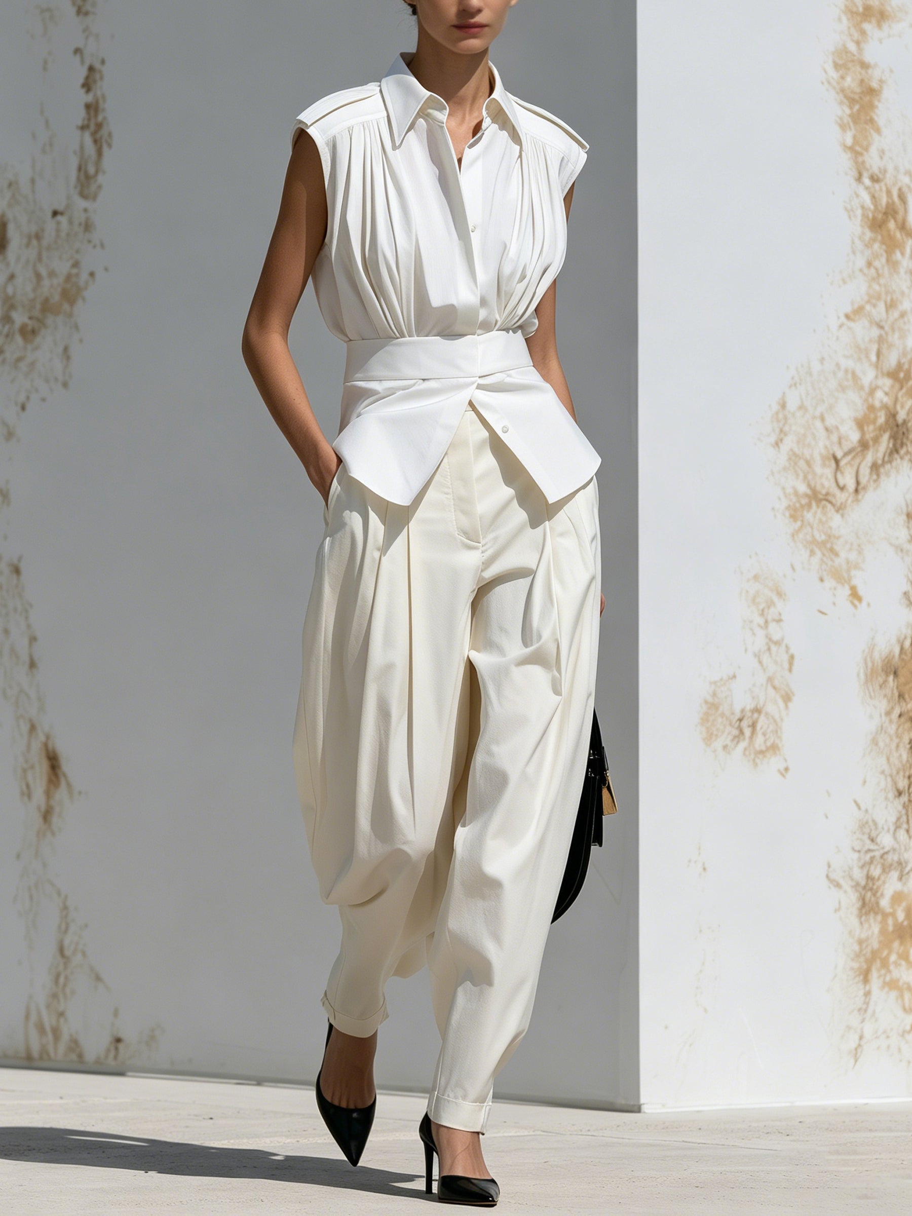 Ivory Sculpted Set – Sleeveless Pleated Shirt & High-Waist Tapered Pants Two-Piece Outfit